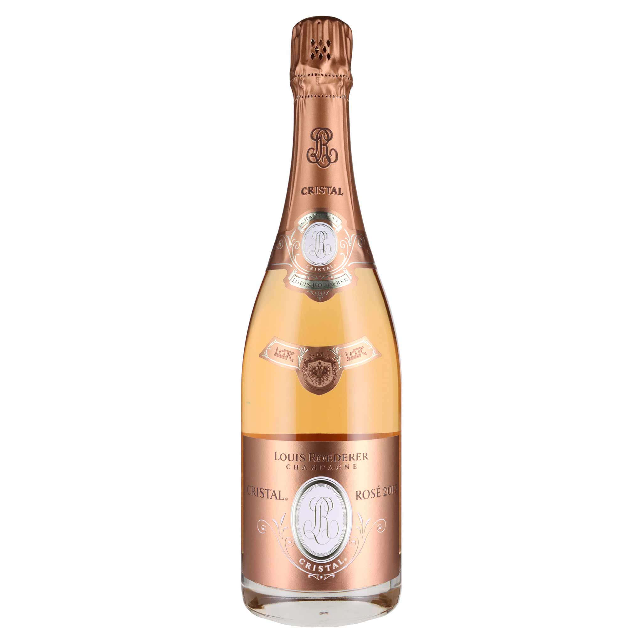 Flasche des Louis Roederer Cristal Rosé Coffret 2013, ein exklusiver Schaumwein aus Frankreich.
