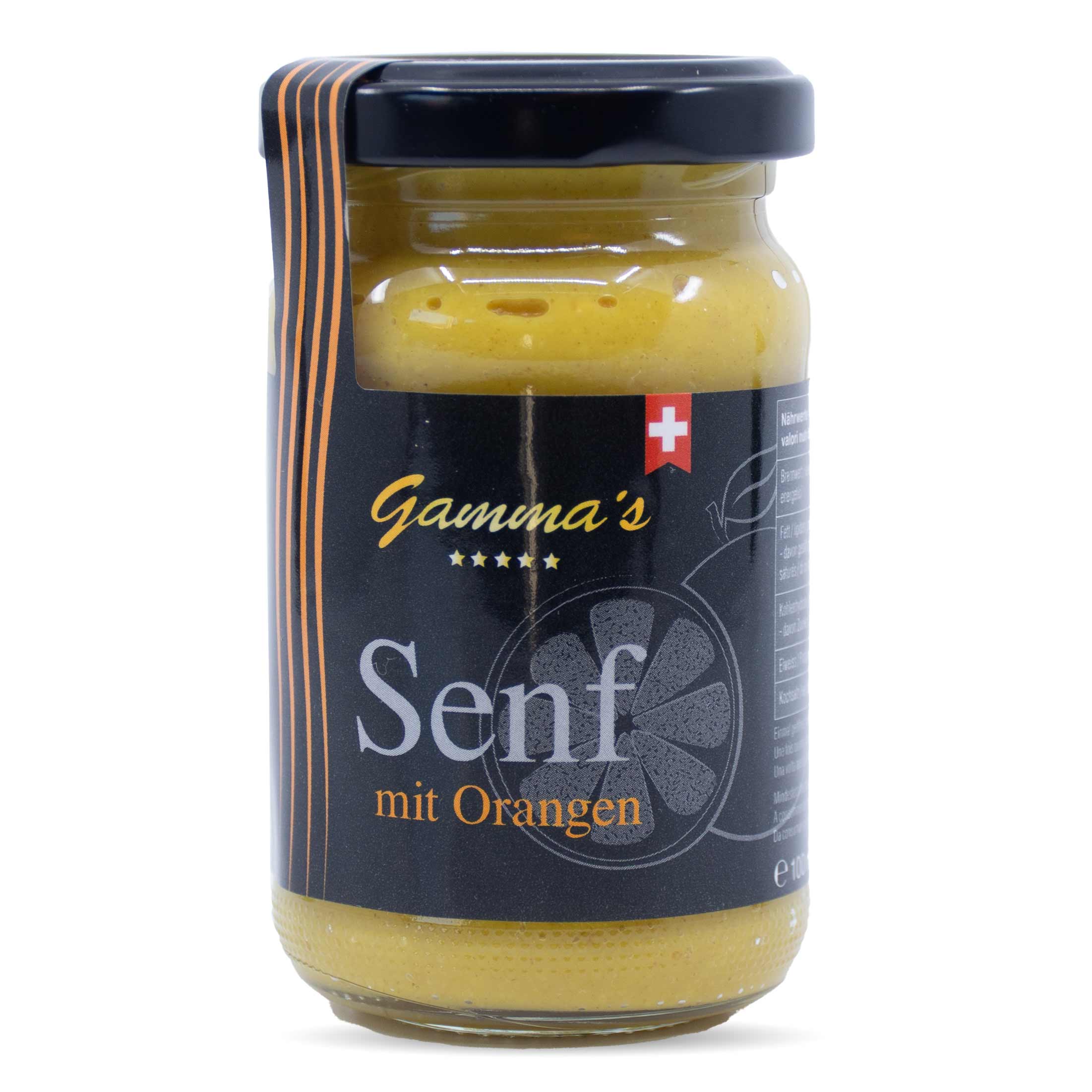Gamma's Senf Orangen 100 ml Flasche aus dem Tessin, Schweiz.