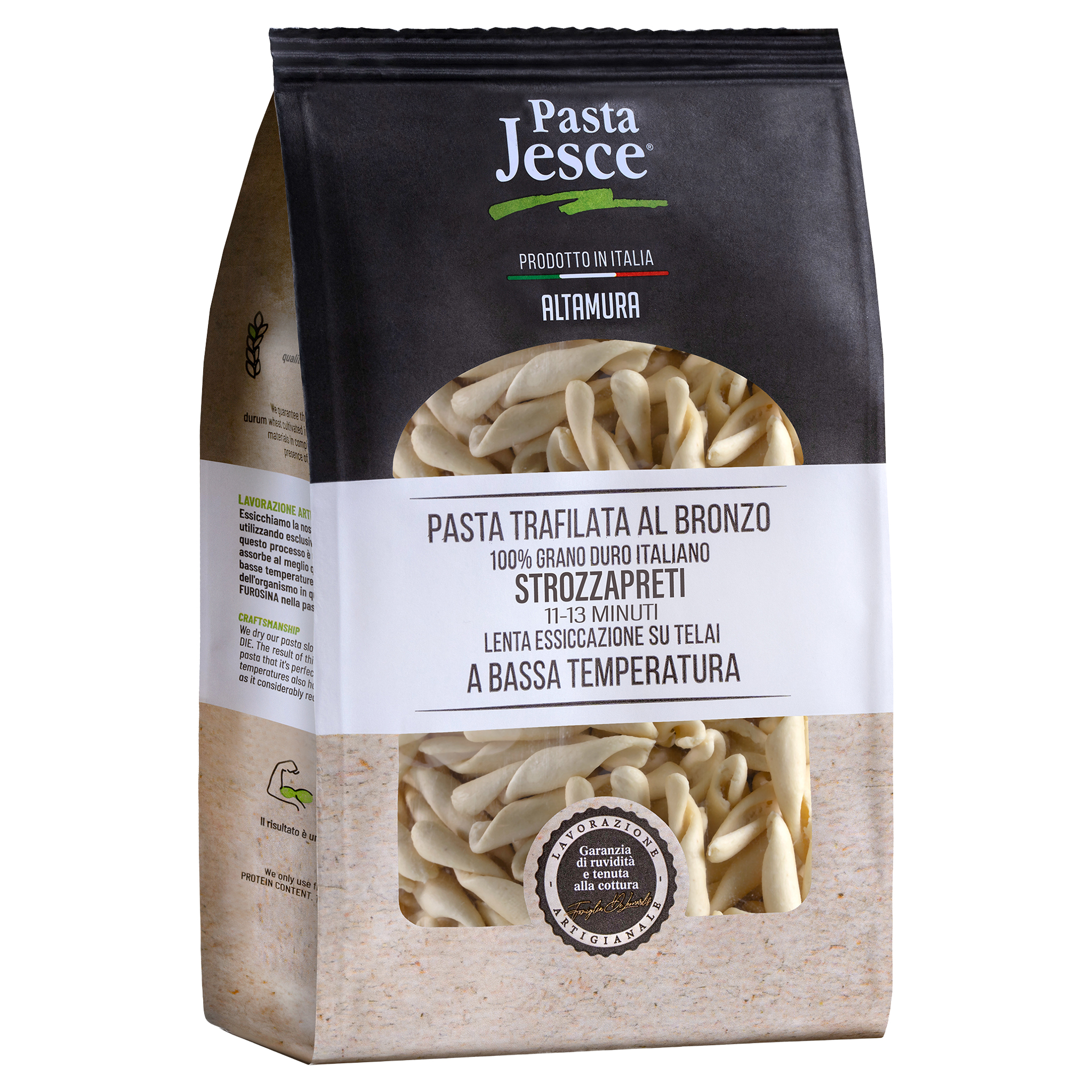 Schwarze Verpackung Pasta Jesce Strozzapreti aus 100% italienischem Hartweizen, bronzegestanzt und langsam getrocknet.…