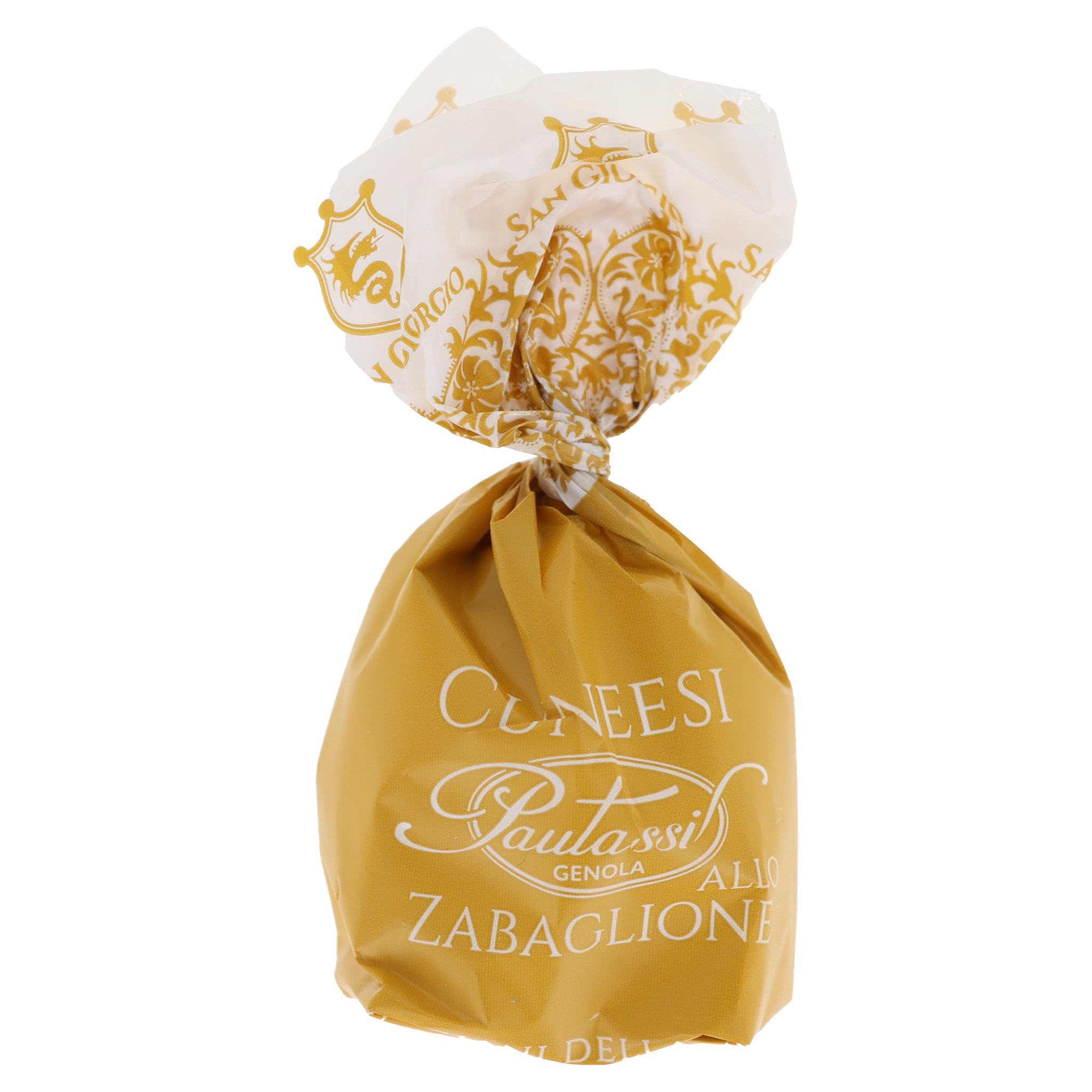 Individuell verpacktes Cuneesi Konfekt von Pautassi Genola, Geschmack Zabaglione, in gold-weisser Folie mit Ornamenten.