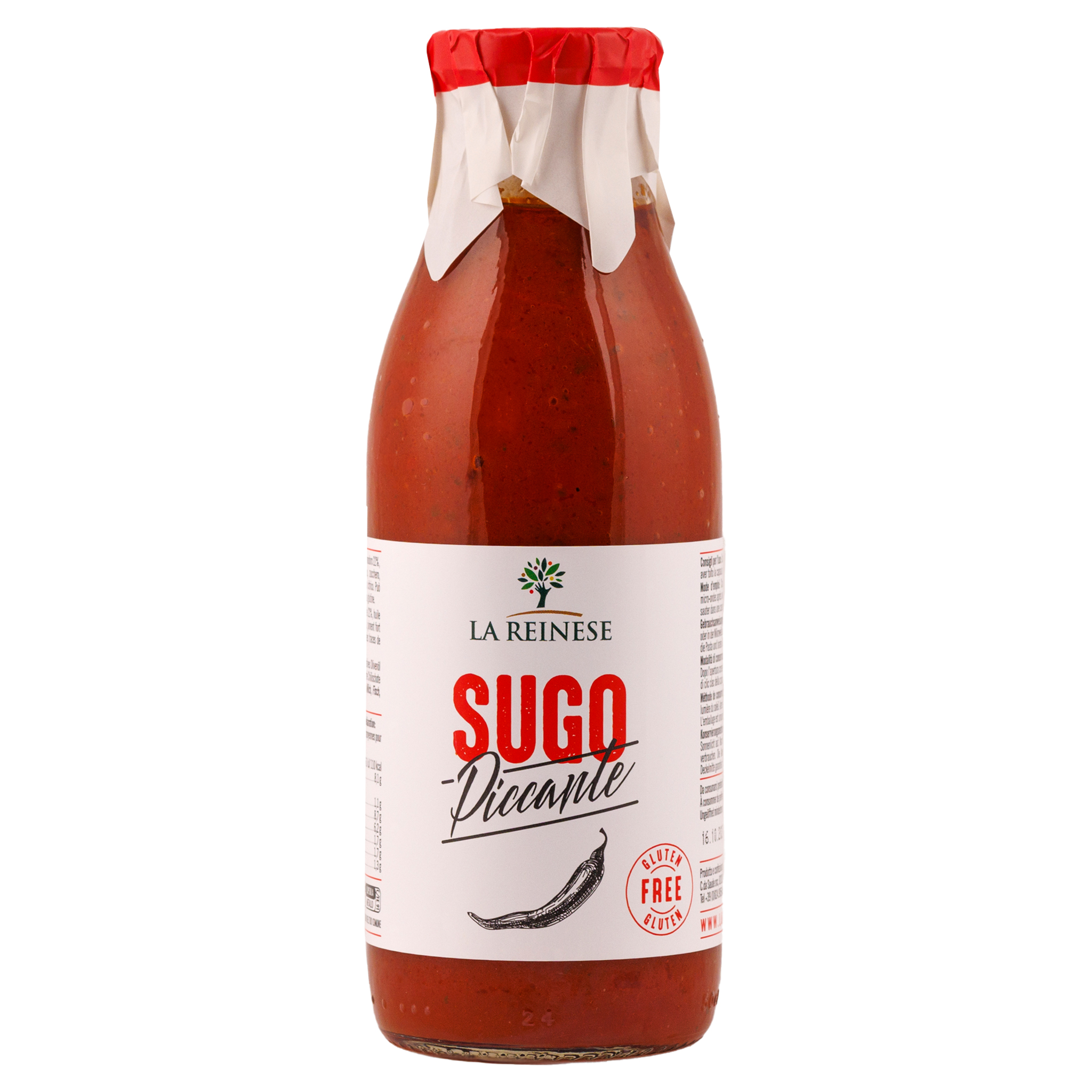 Glasflasche mit rotem Sugo Piccante von LA REINESE, mit weissem Etikett, Chili-Symbol und rotem Deckel, freigestellt.