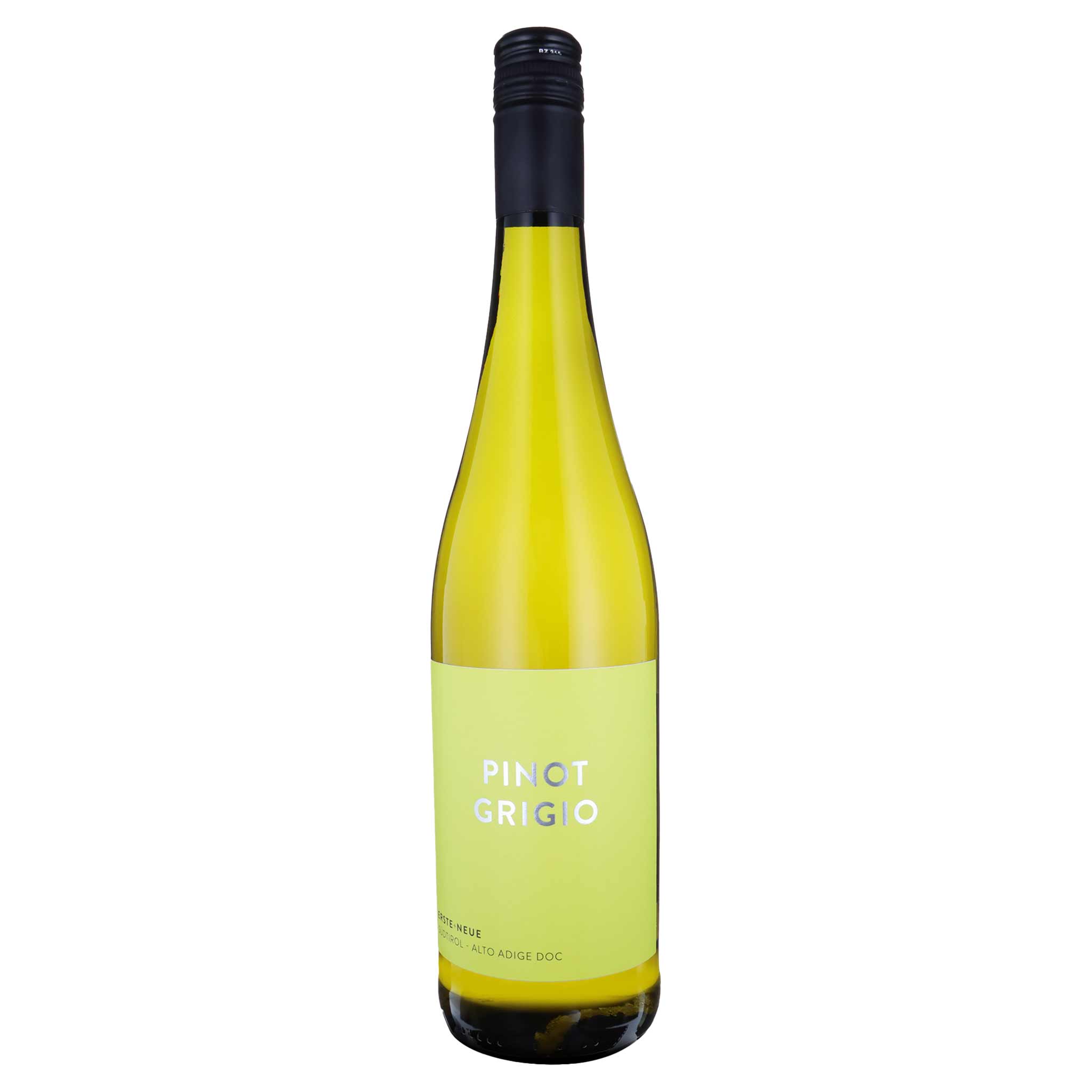 Flasche Pinot Grigio Weisswein von Erste Neue, Südtirol - Alto Adige DOC, mit hellgrünem Etikett und schwarzem…