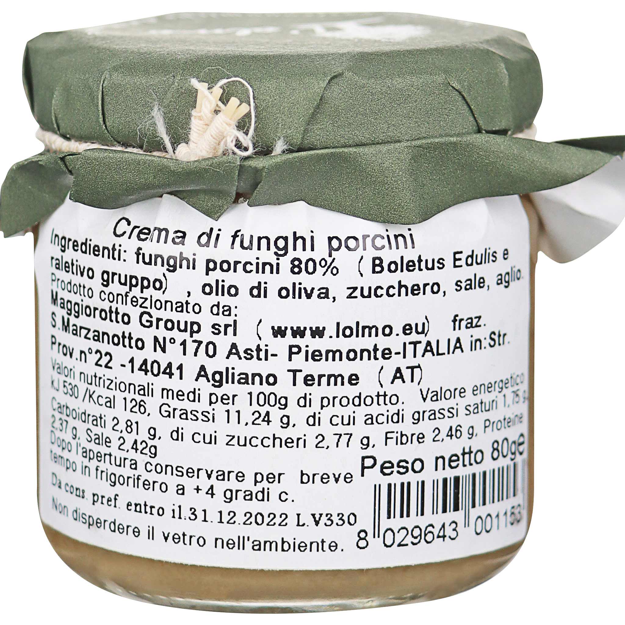 Glas mit Crema di funghi porcini, grünem Stoffdeckel und Etikett mit Zutaten und Produzent Maggiorotto Group.