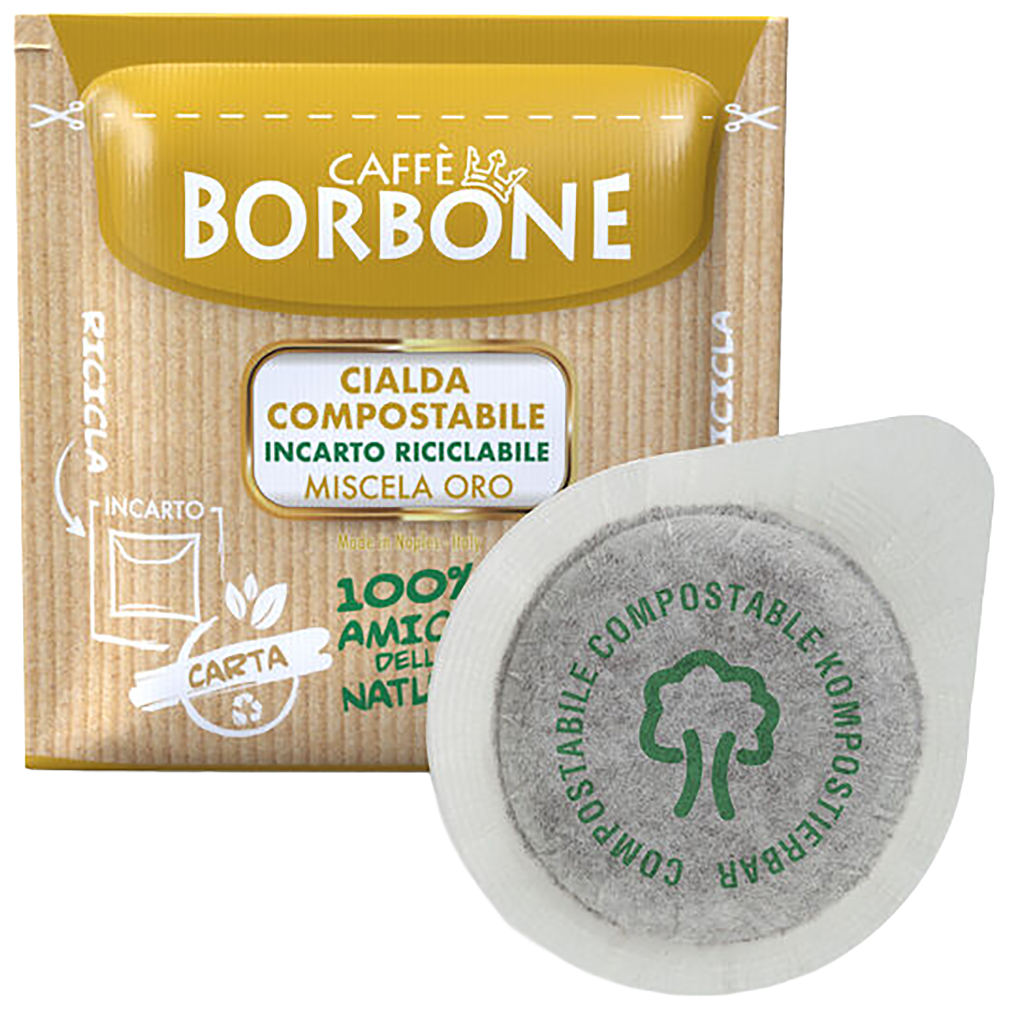 Caffè Borbone kompostierbare Kaffeepads in recycelbarer Papierverpackung mit Baum-Logo.