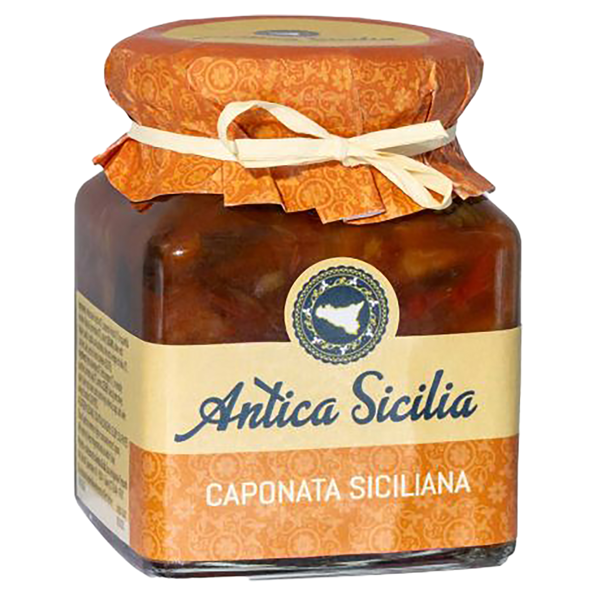 Antica Sicilia Caponata Siciliana im Glas mit orangefarbenem Deckeltuch und Schleife auf weissem Hintergrund.