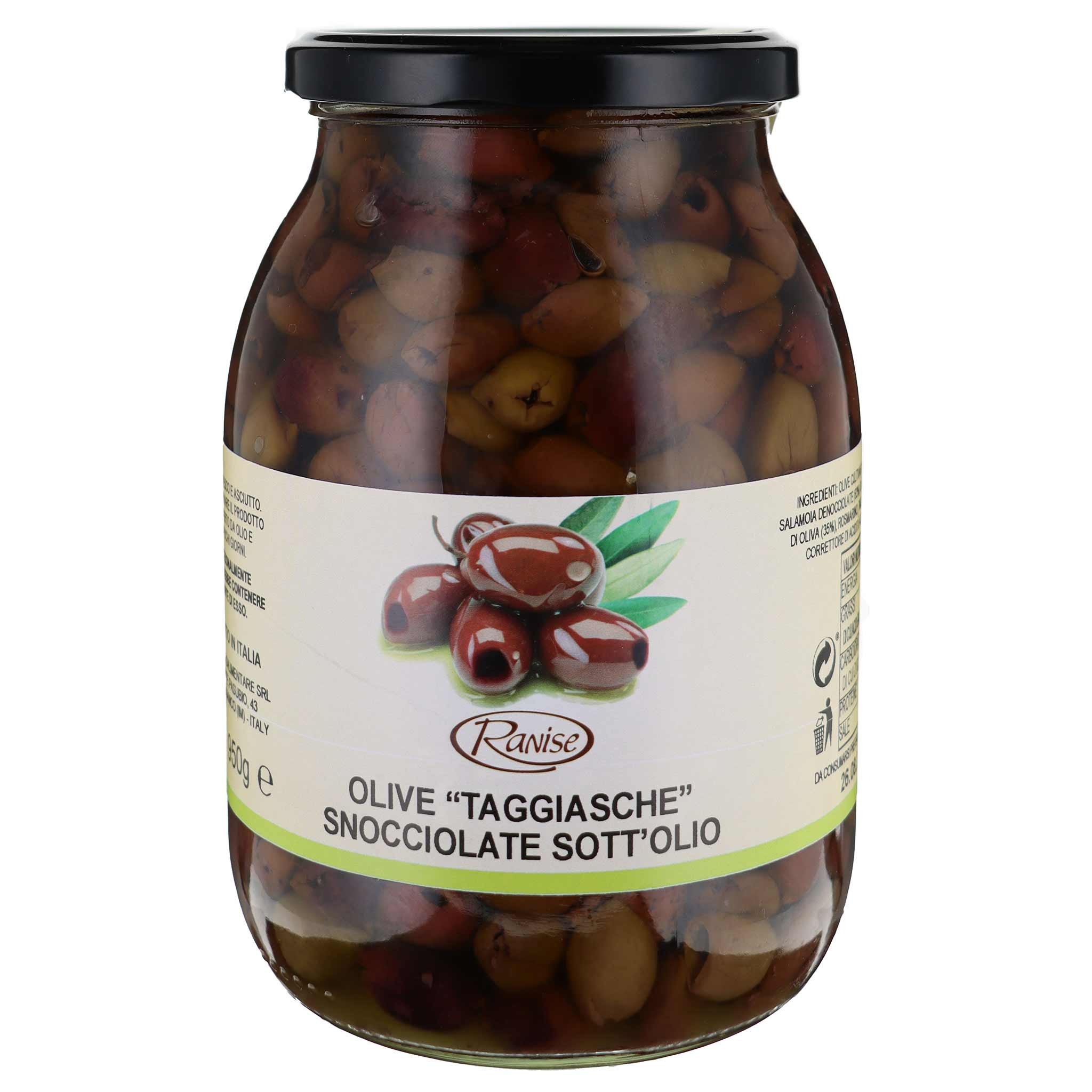 Ranise Olive Taggiasche snocciolate in Olio extra vergine di oliva, 950 g Glas aus Ligurien, Italien.
