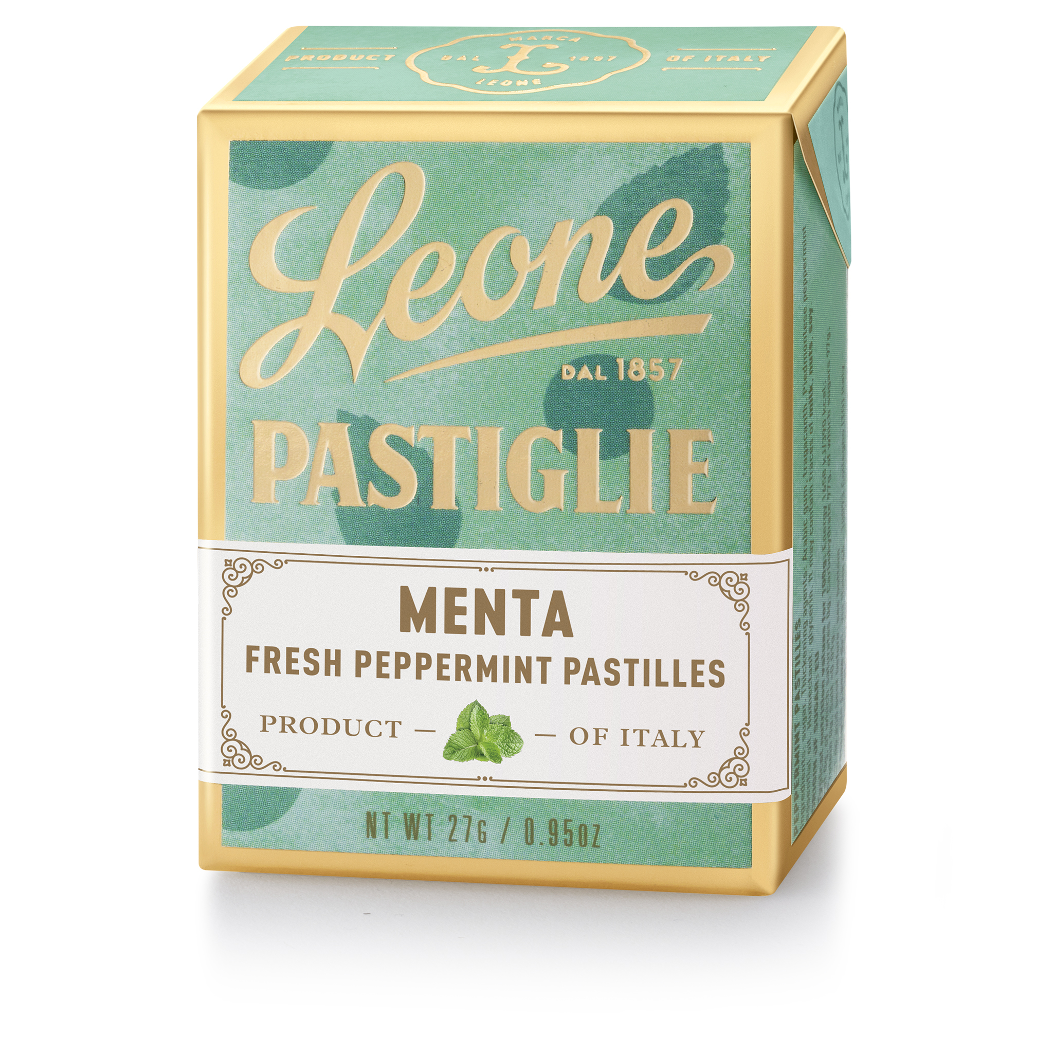 Leone Pastiglie Menta, frische Pfefferminzpastillen, in gold-grüner Schachtel, Produkt aus Italien.