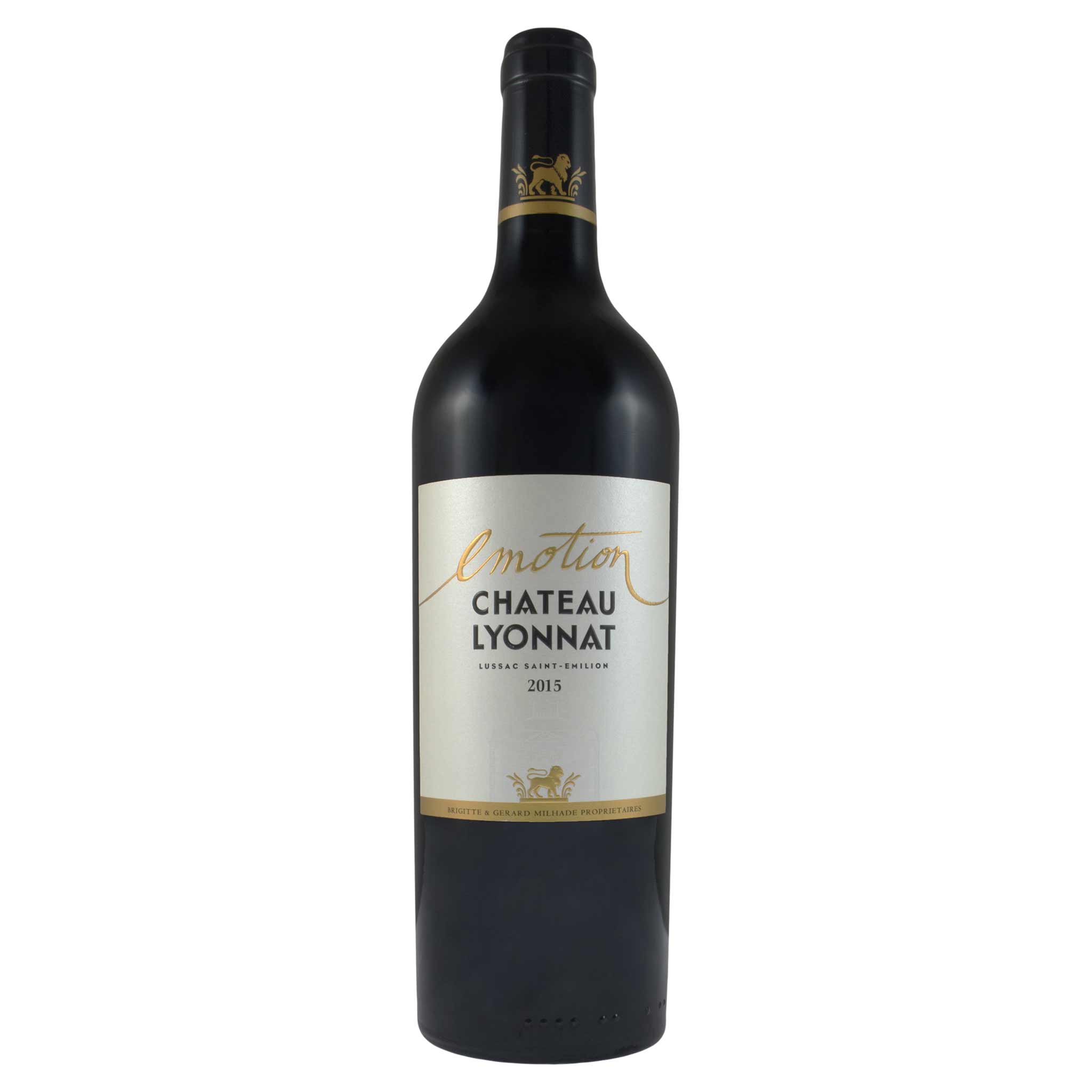 Dunkelrote Weinflasche Chateau Lyonnat Emotion Lussac Saint-Emilion 2015 mit goldener Schrift und Löwen-Emblem auf…