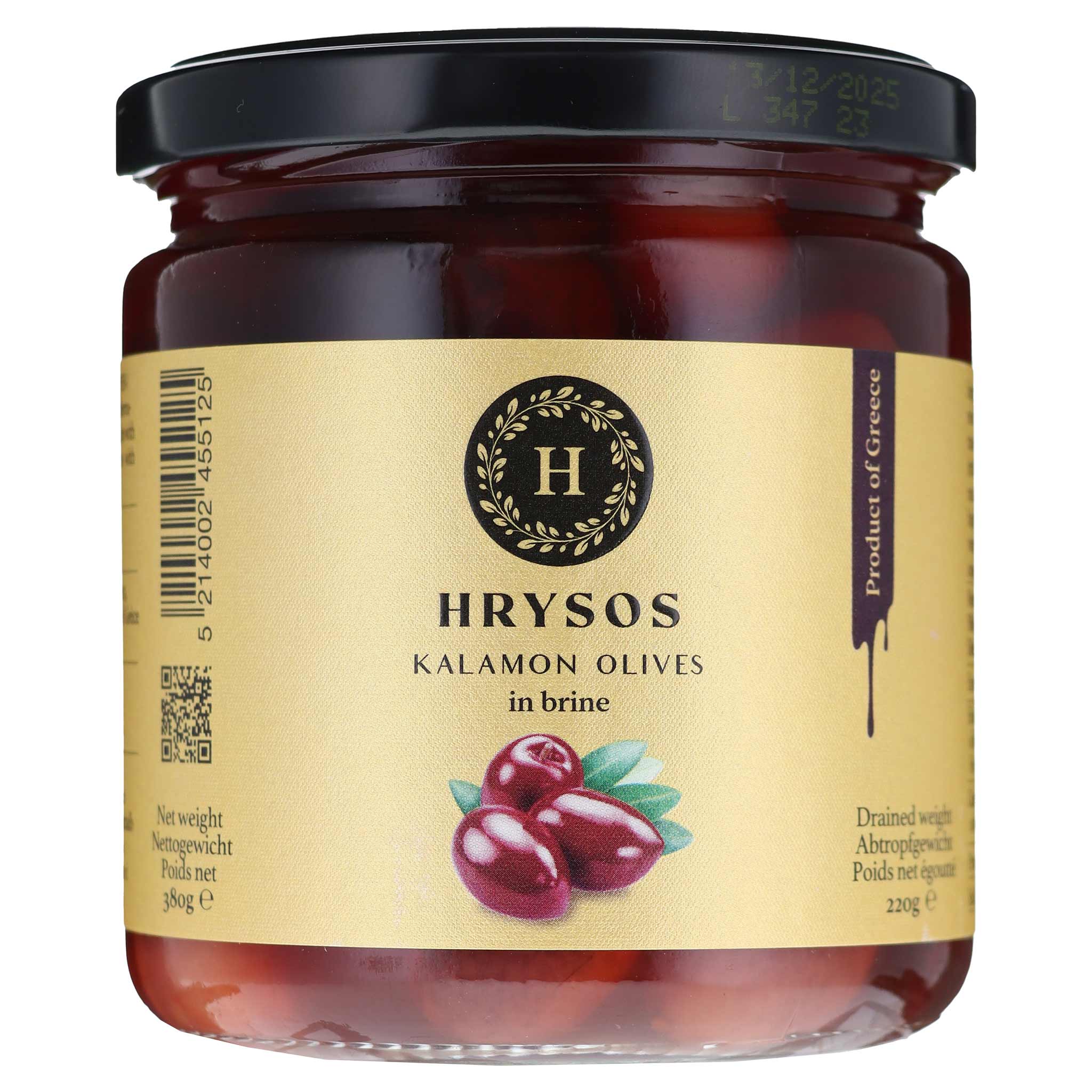 Olivian Groves Hrysos Kalamon Oliven in Salzlake aus Griechenland, 380 g