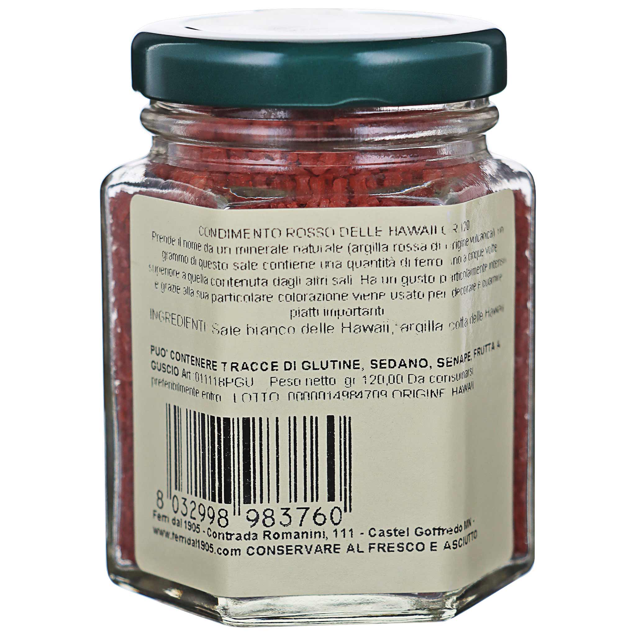 Glasgefäss mit rotem Hawaii-Salz und grünem Deckel, Etikett mit italienischem Text und Barcode, Produzent Ferm.