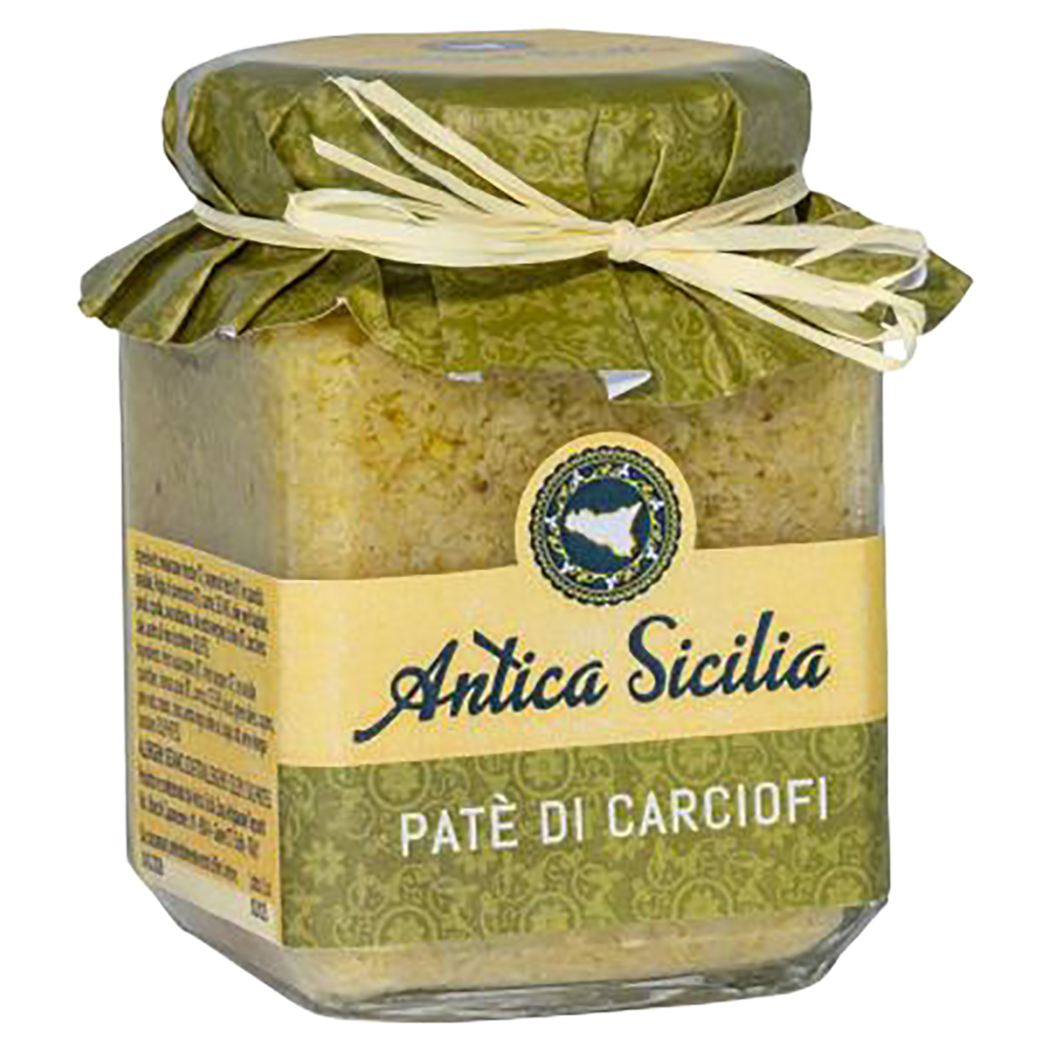 Antica Sicilia Patè di Carciofi im Glas mit grünem Deckelpapier und Bastband, weisser Hintergrund.