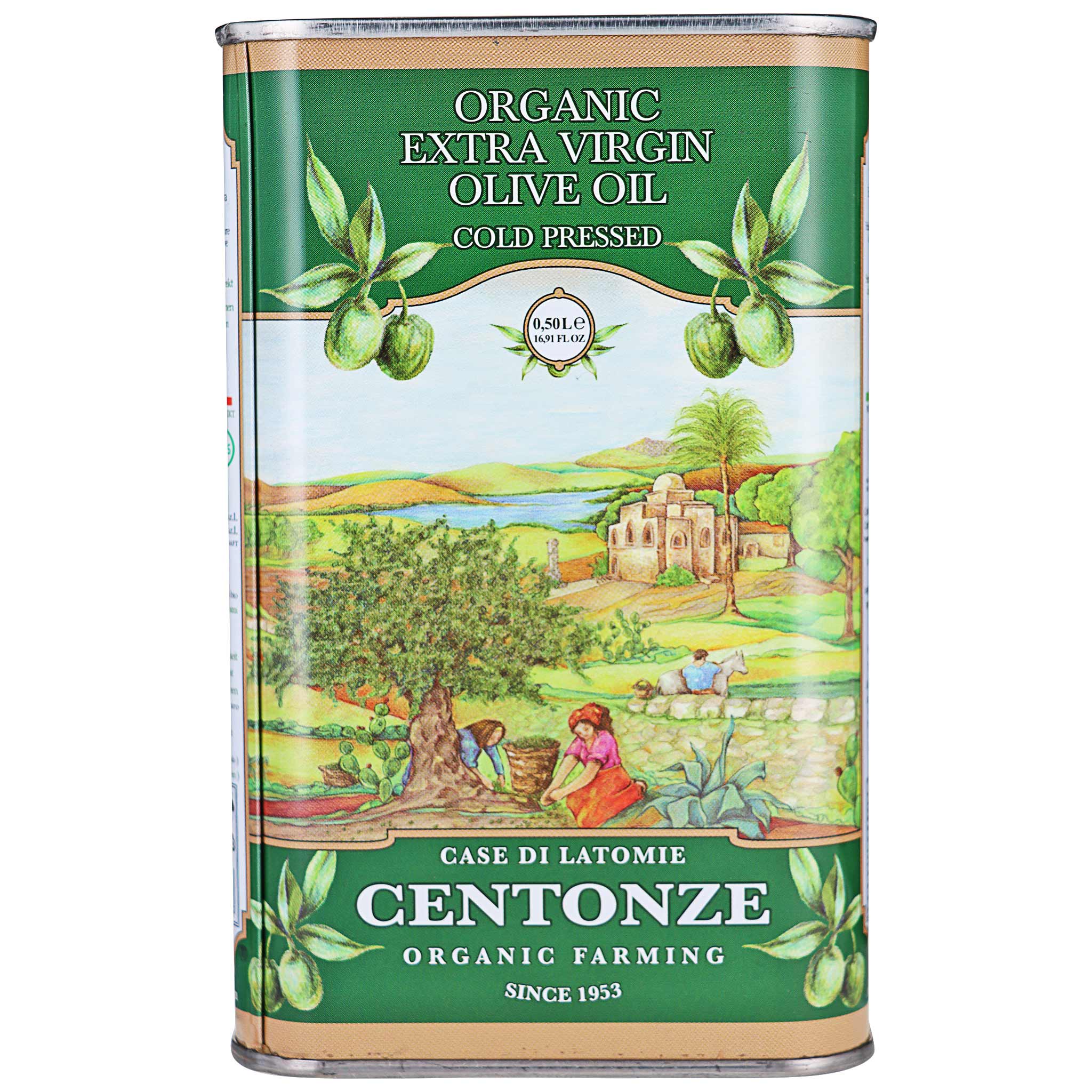 Centonze Nocellara del Belice BIO Olivenöl in einer 500 ml Lattina Litografica aus Sizilien, Italien.