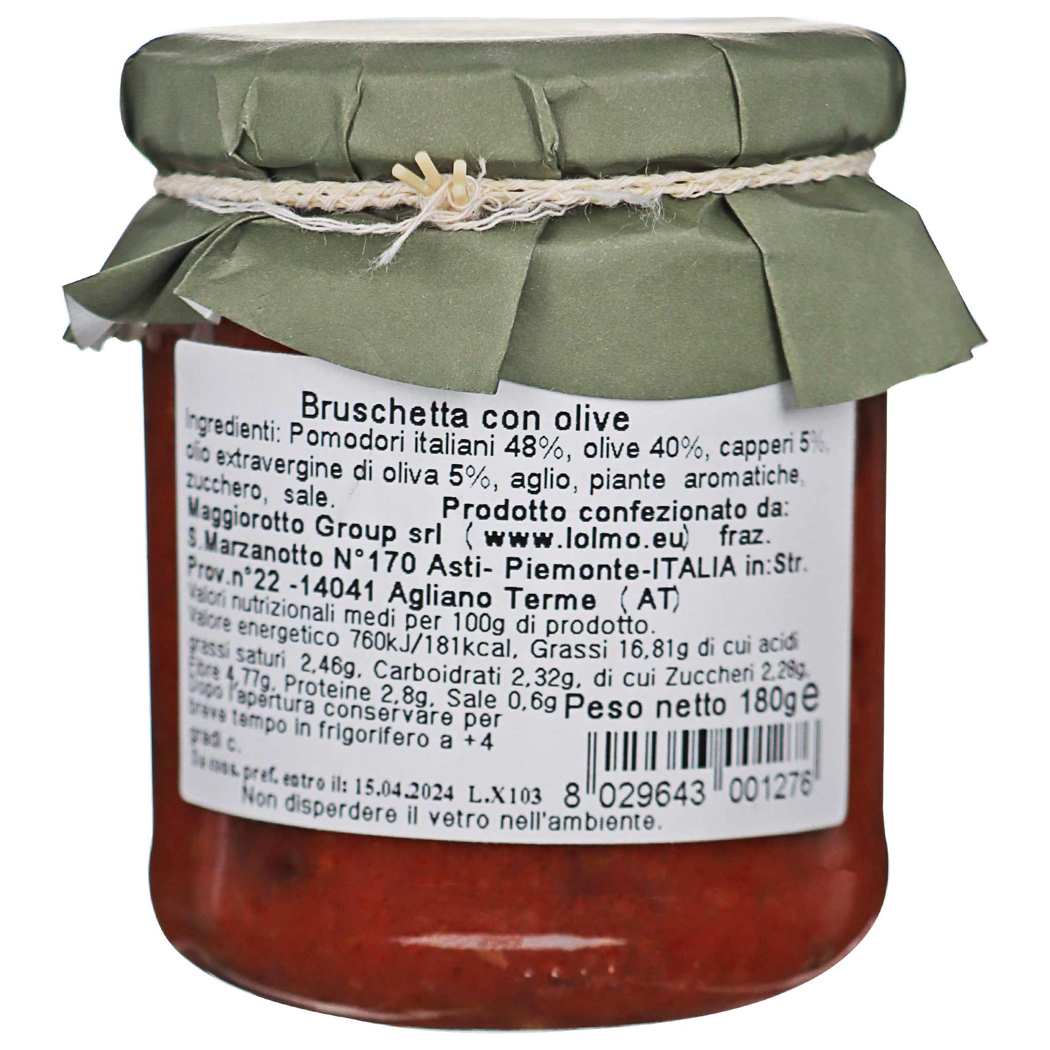 Glasgefäss Bruschetta con olive von Maggiorotto Group. Grüner Papierdeckel mit Schnur. Etikett mit Zutaten und…