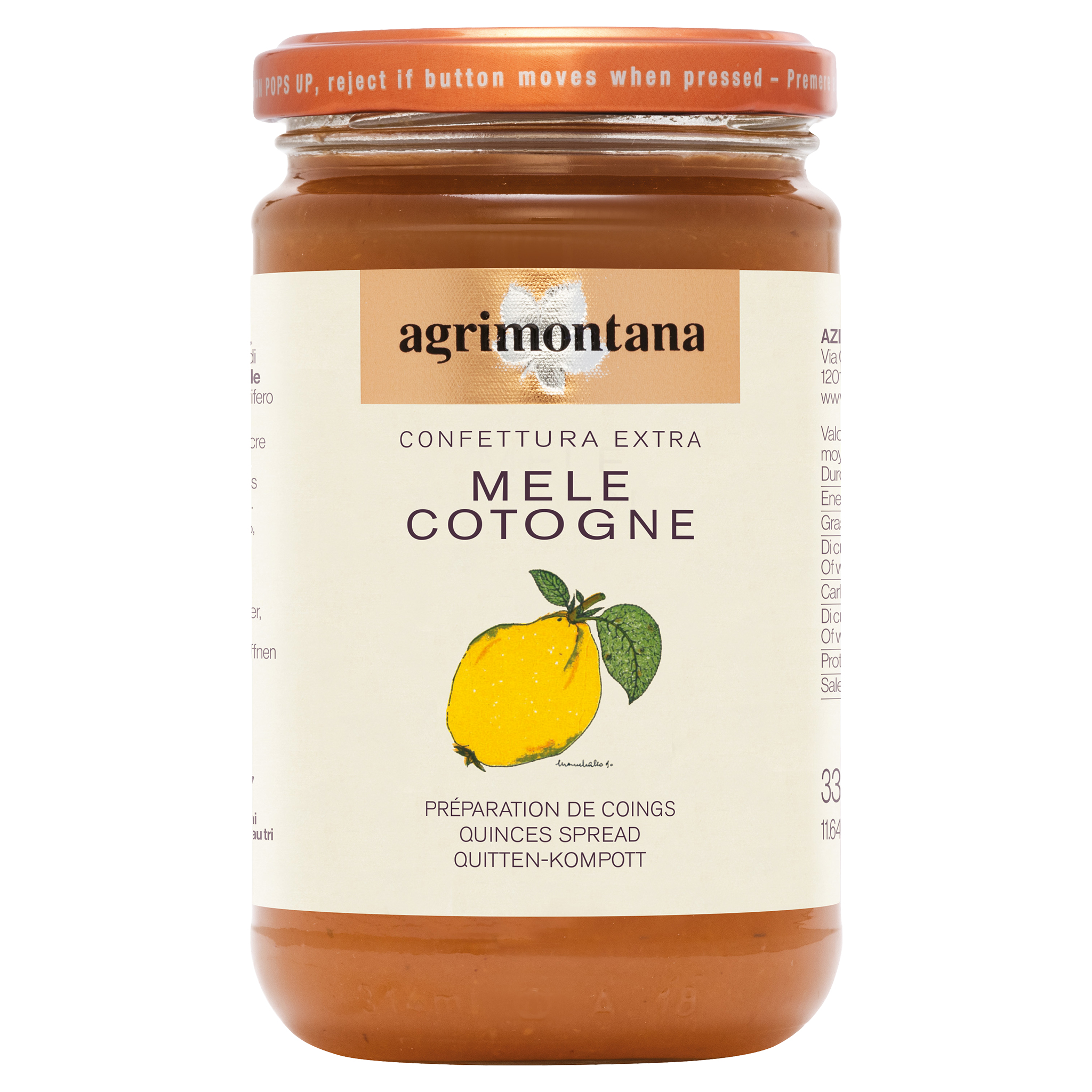 Agrimontana Quitten-Konfitüre im Glas mit orangefarbenem Deckel und Quitten-Illustration auf dem Etikett.