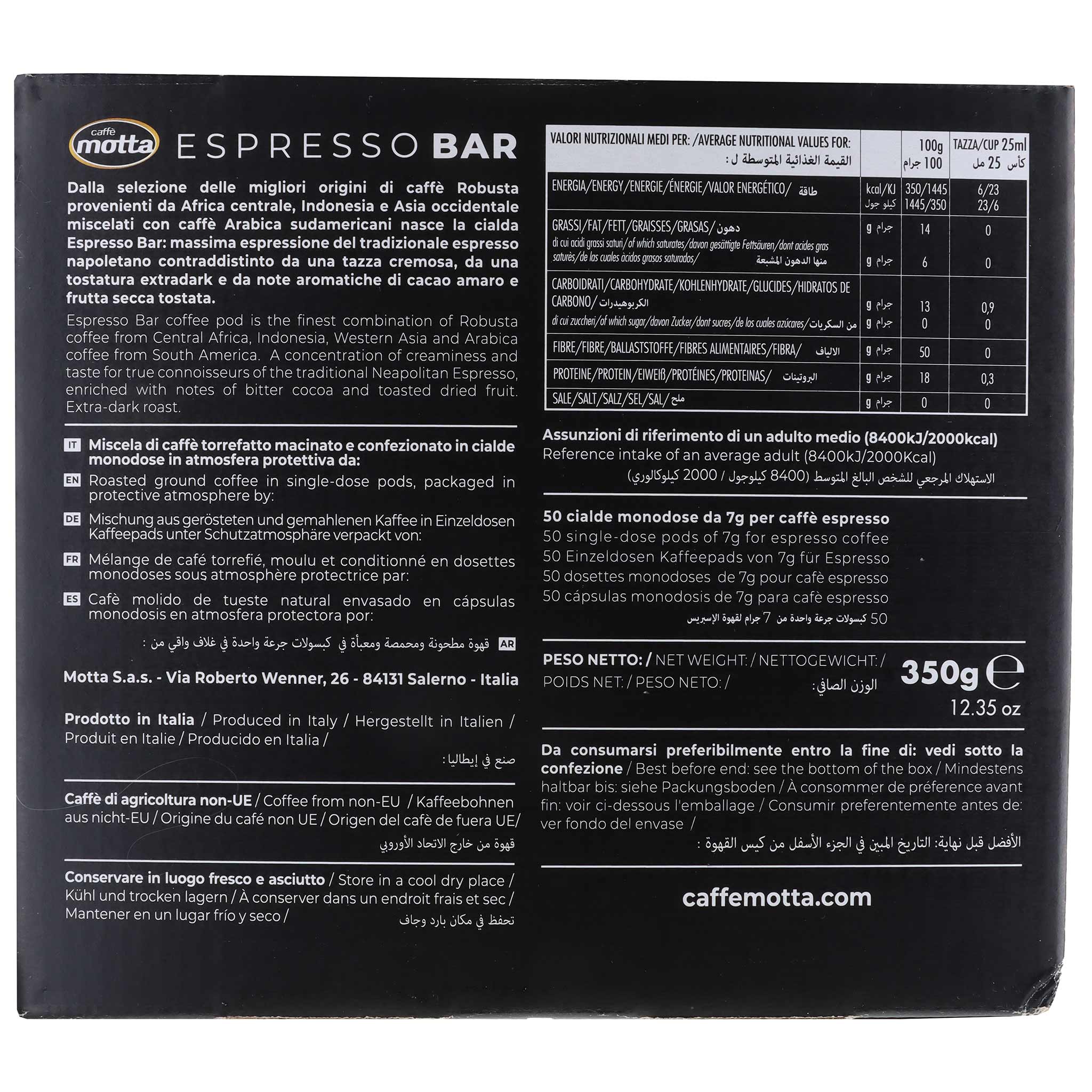 Rückseite einer schwarzen Motta Espresso Bar Kaffeepackung mit Nährwerttabelle, Zutaten und 350g Nettoinhalt.