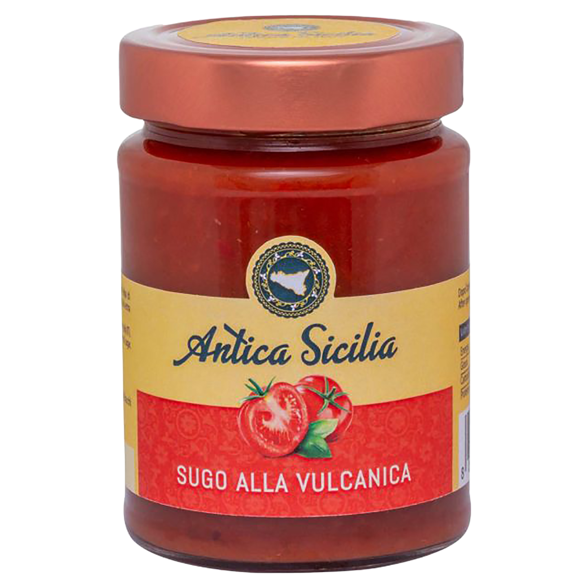 Glas mit roter Tomatensauce Antica Sicilia Sugo alla Vulcanica. Gelb-rotes Etikett mit Sizilien-Logo und Tomaten.