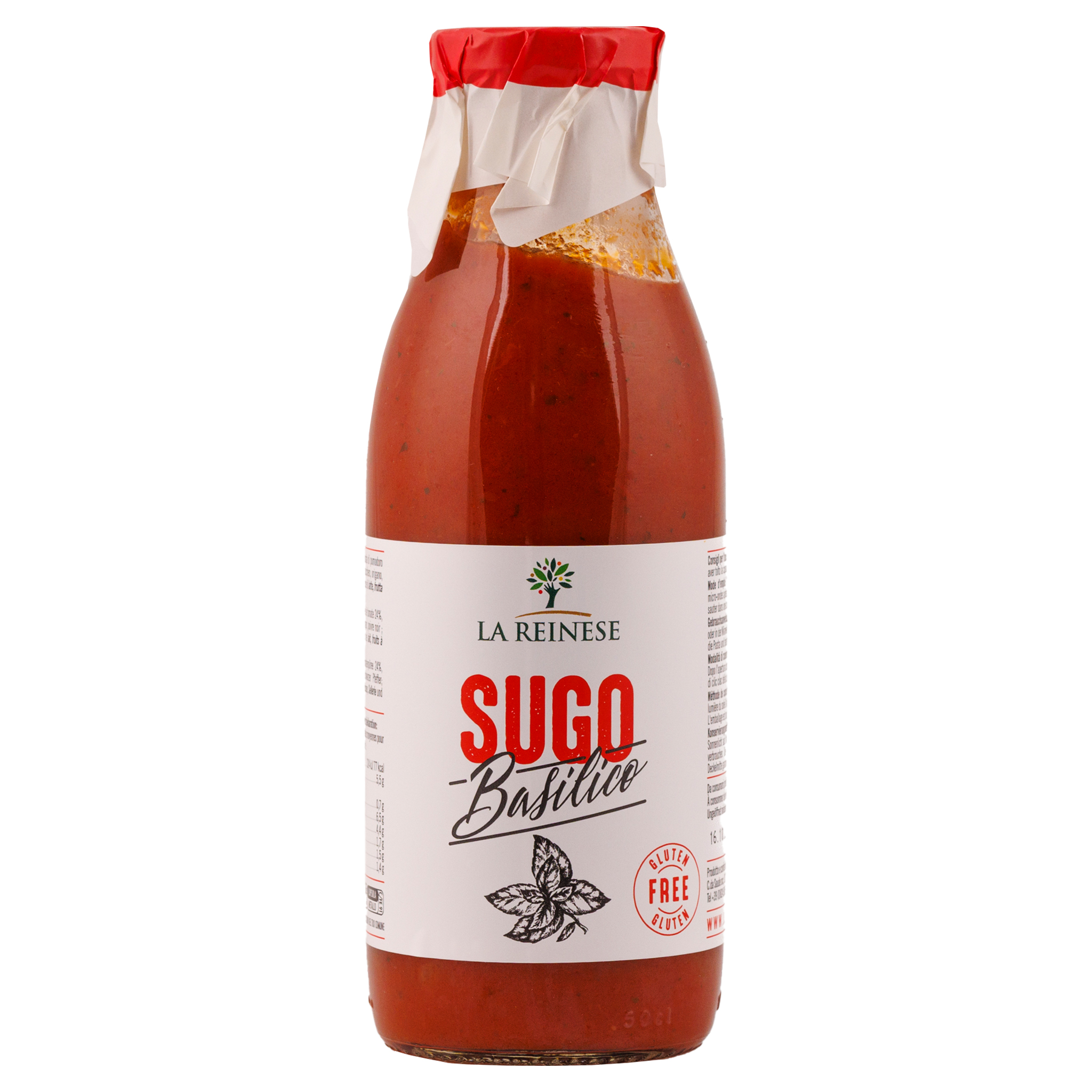 La Reinese Sugo Basilico in Glasflasche auf weissem Hintergrund, mit rotem Deckel und Gluten-Free-Siegel.