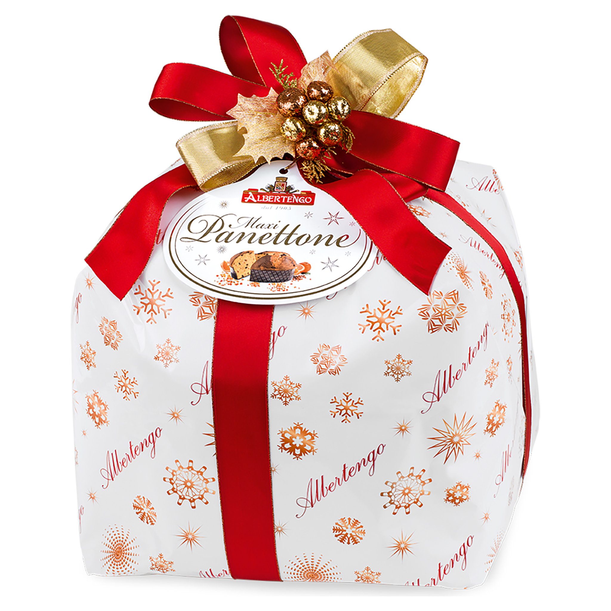 Albertengo Maxi Panettone in weisser Geschenkverpackung mit goldenen Schneeflocken, roter Schleife und Dekoration.
