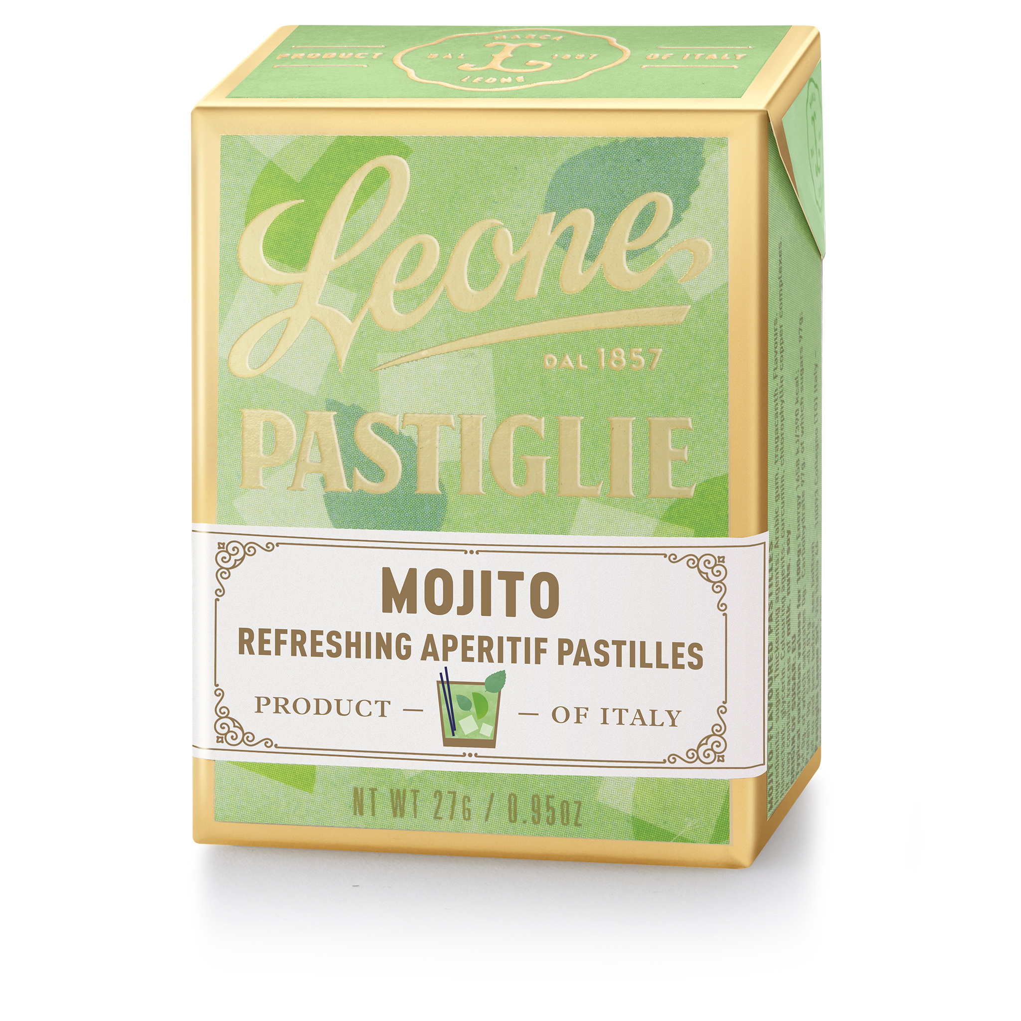 Grüne Leone Pastiglie Mojito in goldgerahmter Schachtel, 27g, Produkt aus Italien, auf weissem Hintergrund.