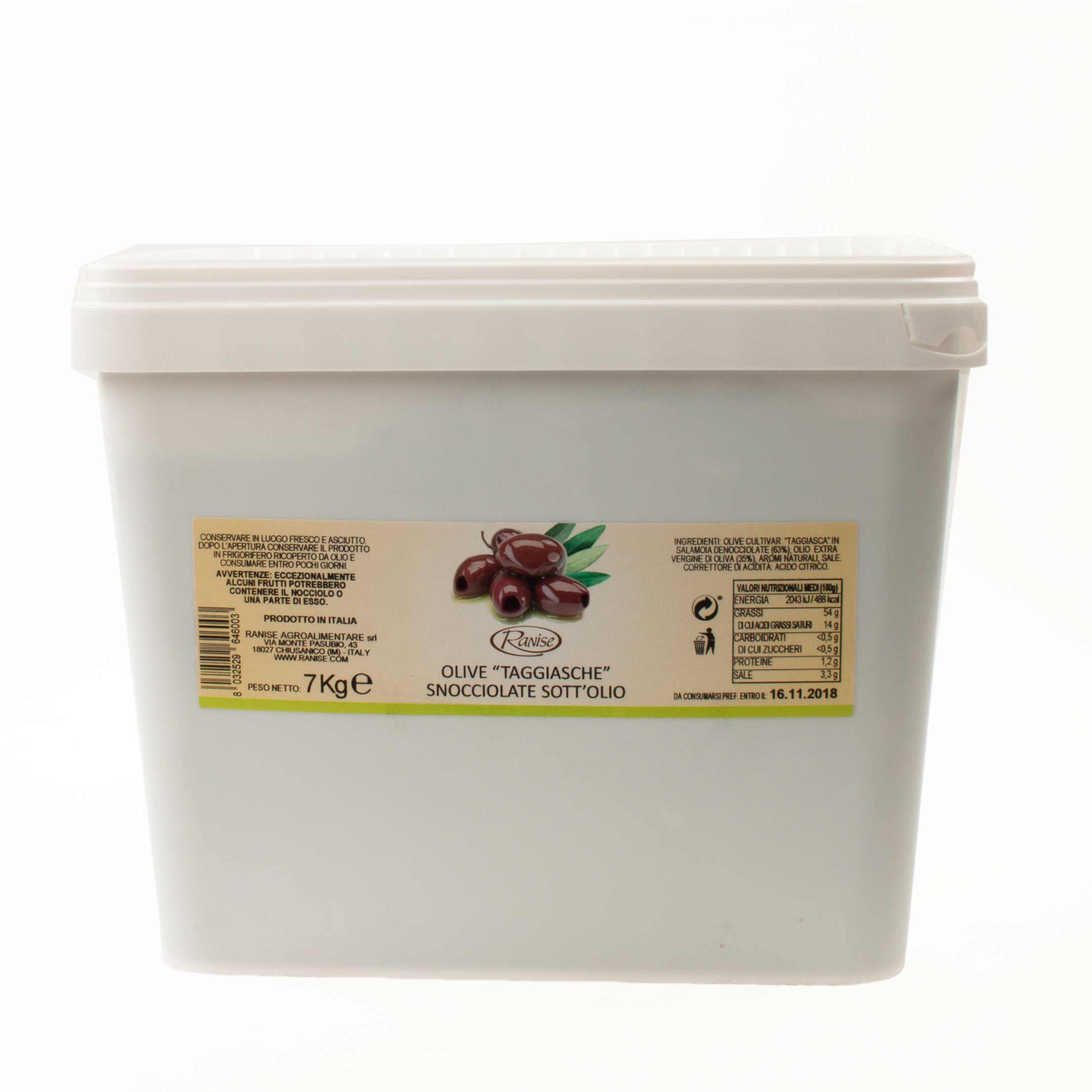 Ranise entsteinte Taggiasca-Oliven in extra nativem Olivenöl, 7000 g Glas aus Ligurien, Italien.