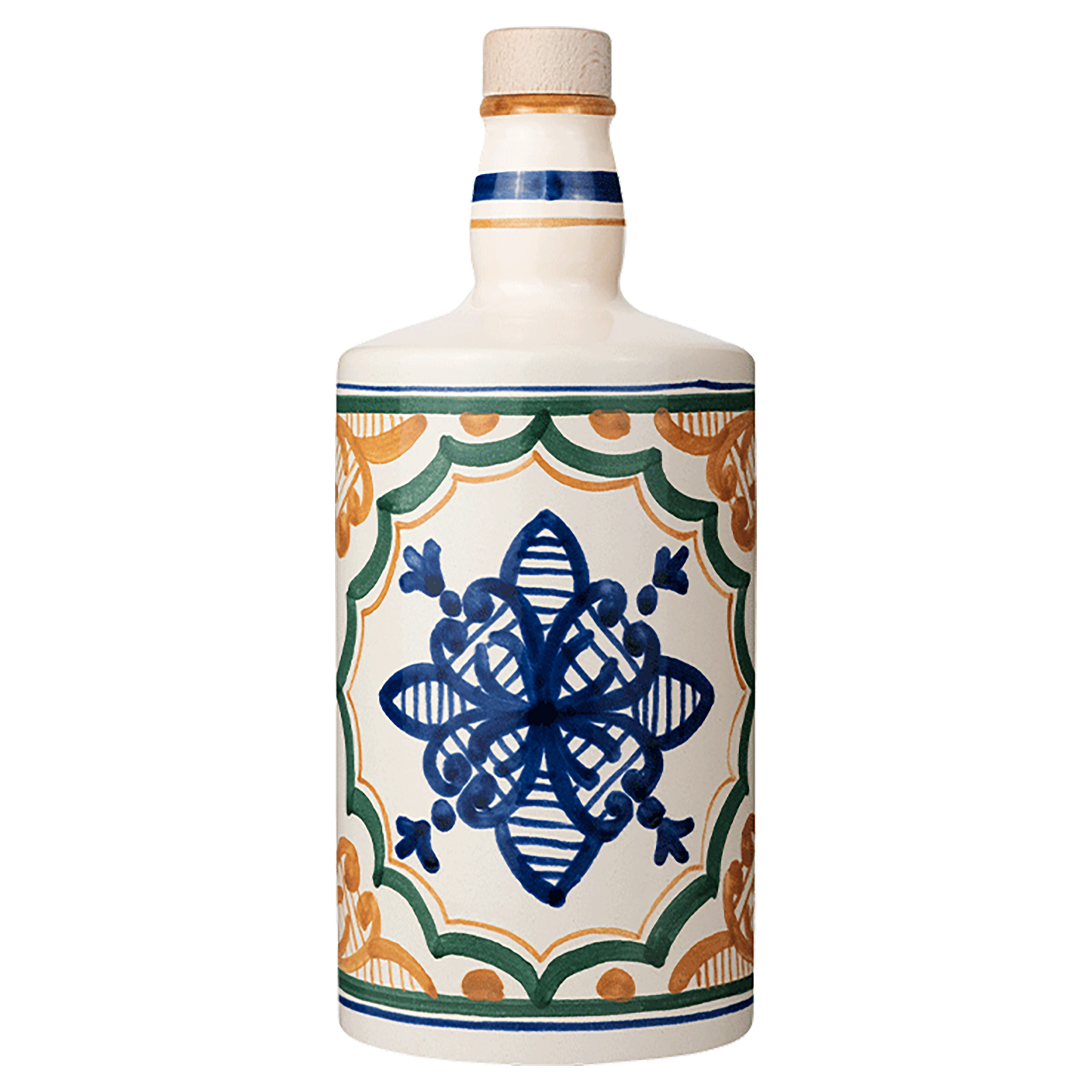 Cremefarbene Keramikflasche mit Holzkorken, handbemalt mit blauem, grünem und orangem mediterranem Muster.