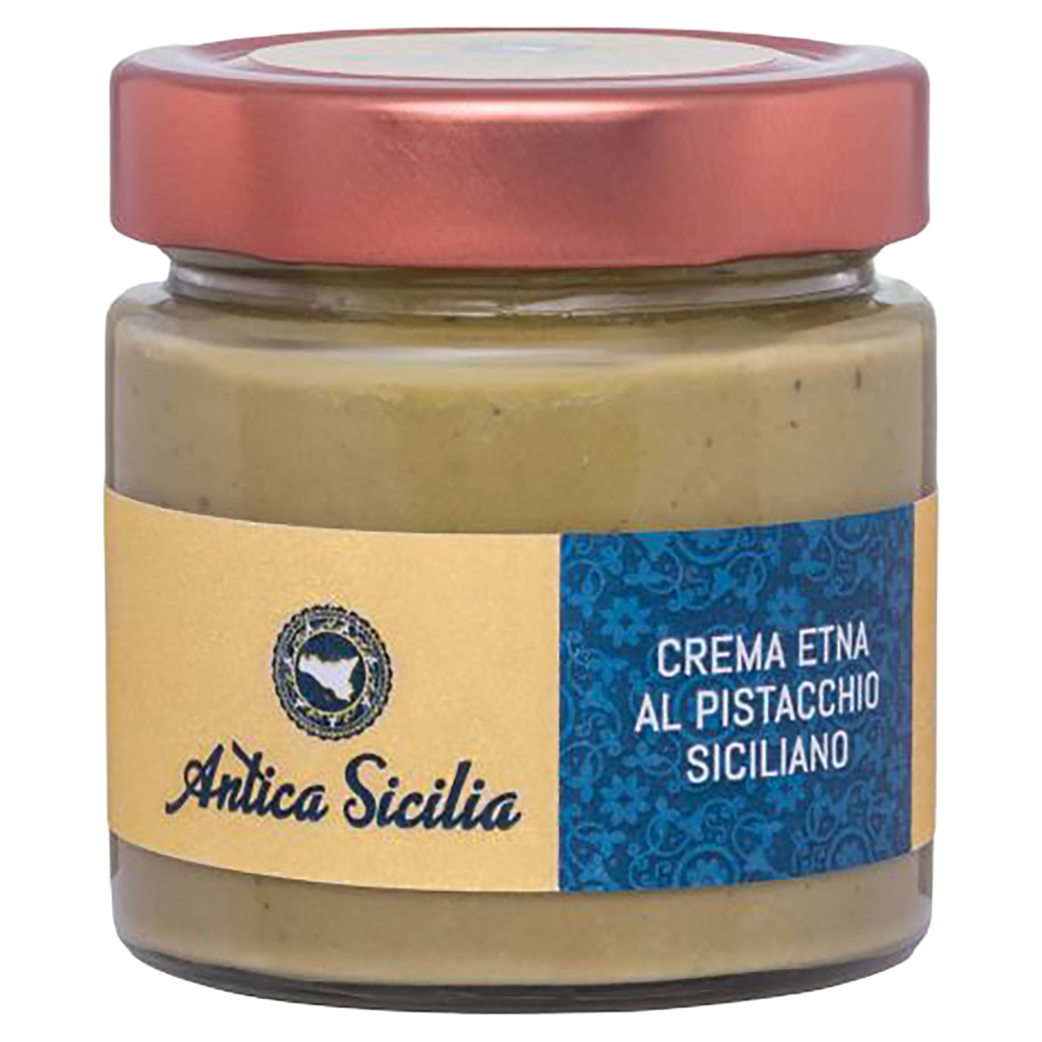 Glas mit Crema Etna al Pistacchio Siciliano von Antica Sicilia, mit goldener Etikette und rotem Deckel.