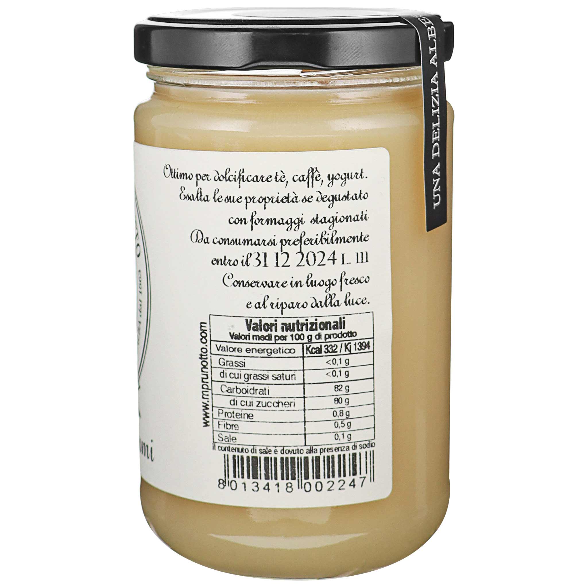 Glas Honig oder süsser Aufstrich von M. Prunotto aus Alba. Etikett mit italienischem Text, Nährwerttabelle und Barcode.