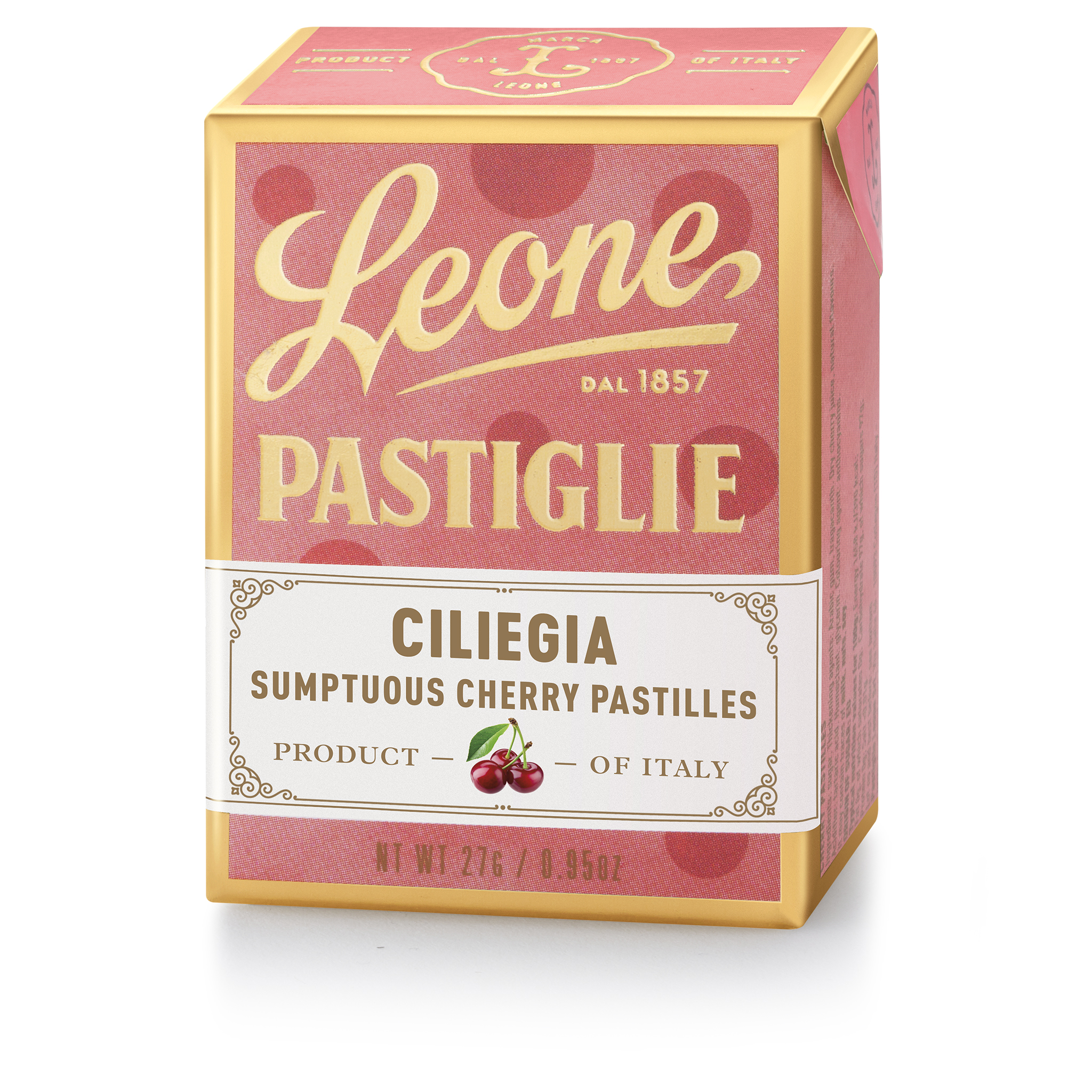 Rote Schachtel Leone Pastiglie Ciliegia, Kirschpastillen aus Italien, mit goldener Schrift und Kirschabbildung.