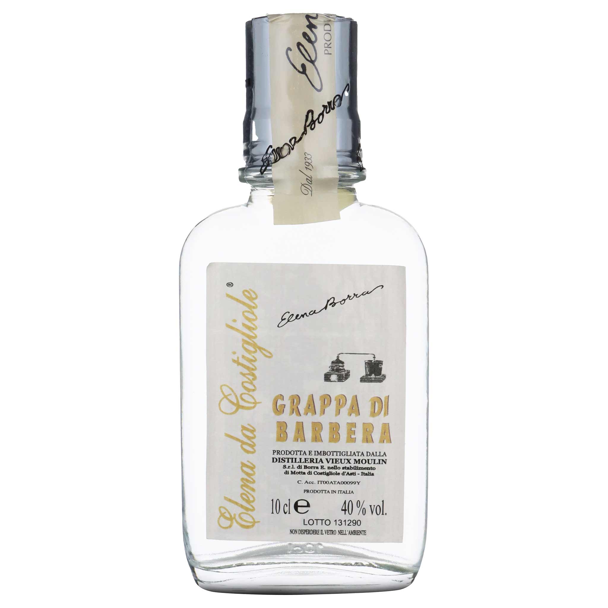 Flasche Elena da Costigliole Grappa Barbera, 100 ml, 40 Grad, aus Piemont, Italien.