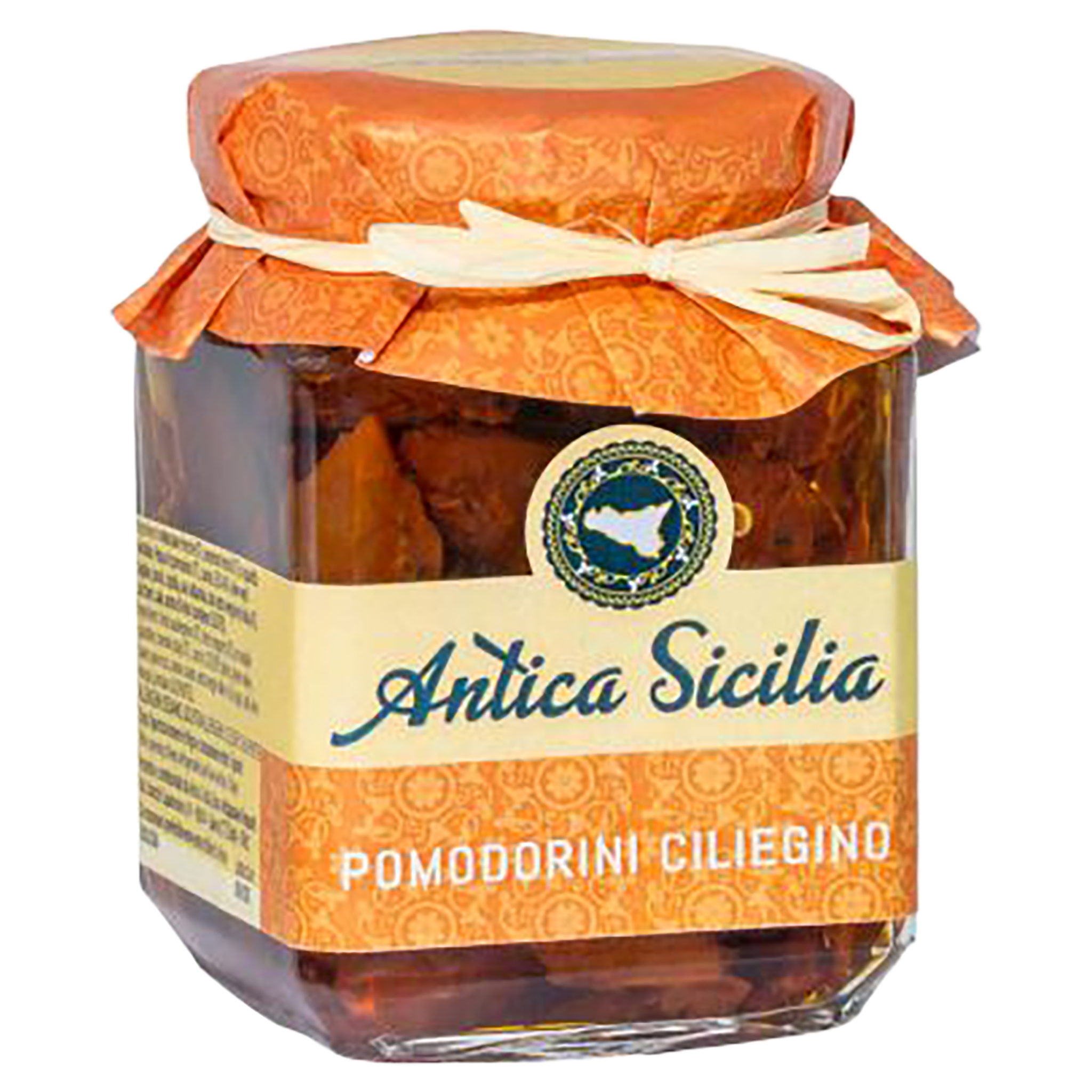 Glasgefäss mit getrockneten Kirschtomaten von Antica Sicilia. Deckel mit orangefarbenem Papier und Schleife.