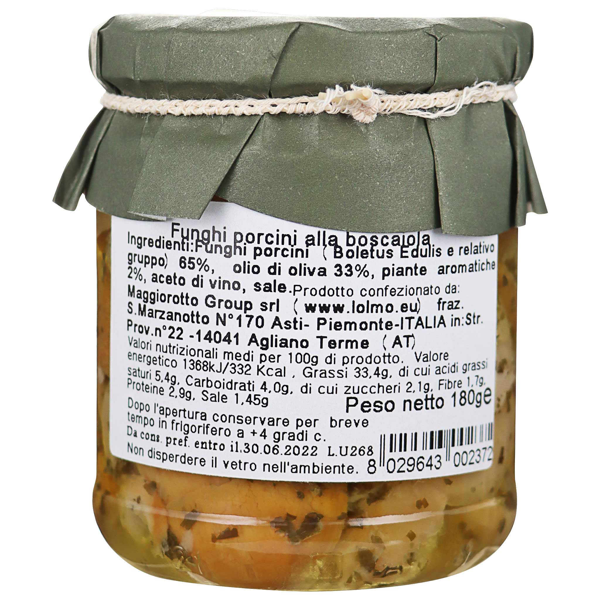 Glasgefäss mit Funghi Porcini alla Boscaiola von Maggiorotto Group aus Agliano Terme, Piemont, Italien. Grüner Deckel.