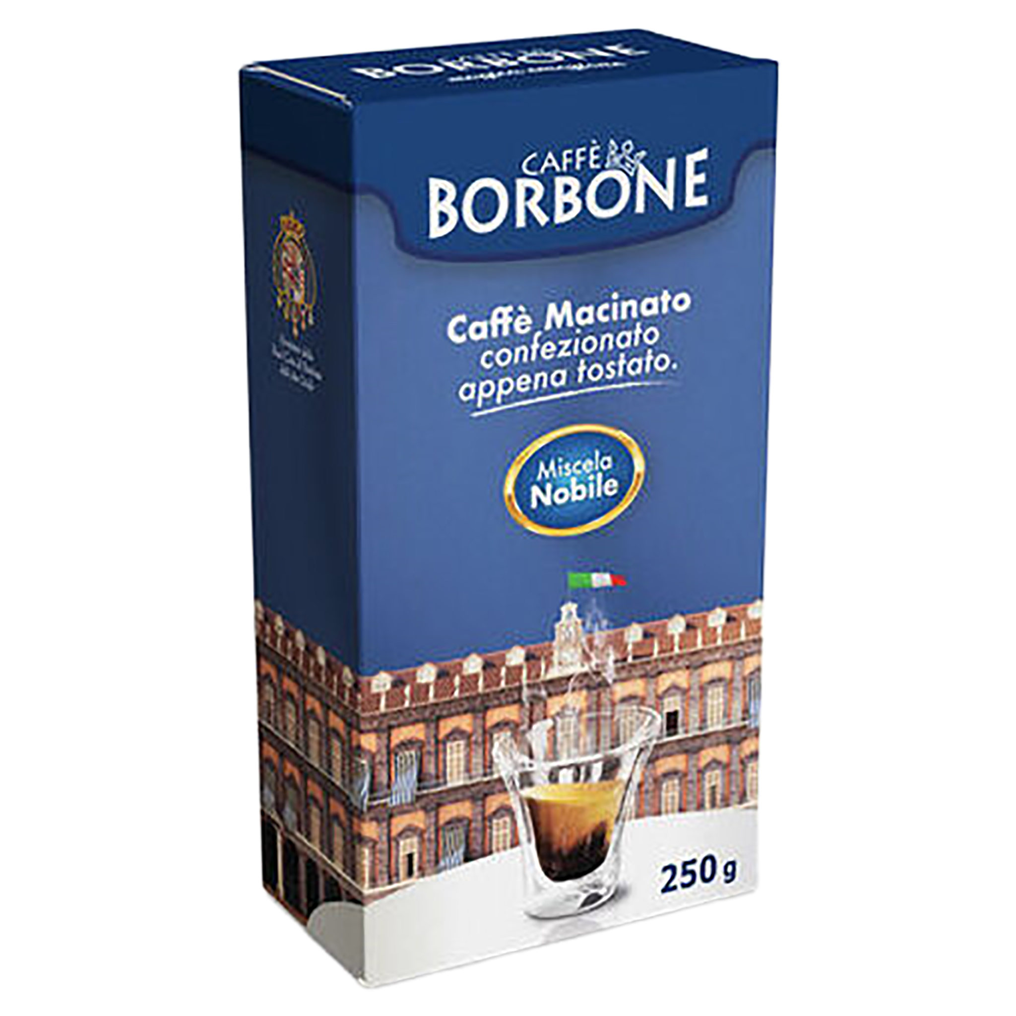 Caffè Borbone Miscela Nobile gemahlener Kaffee in blauer Verpackung mit historischem Gebäude, Espresso-Glas und 250 g.