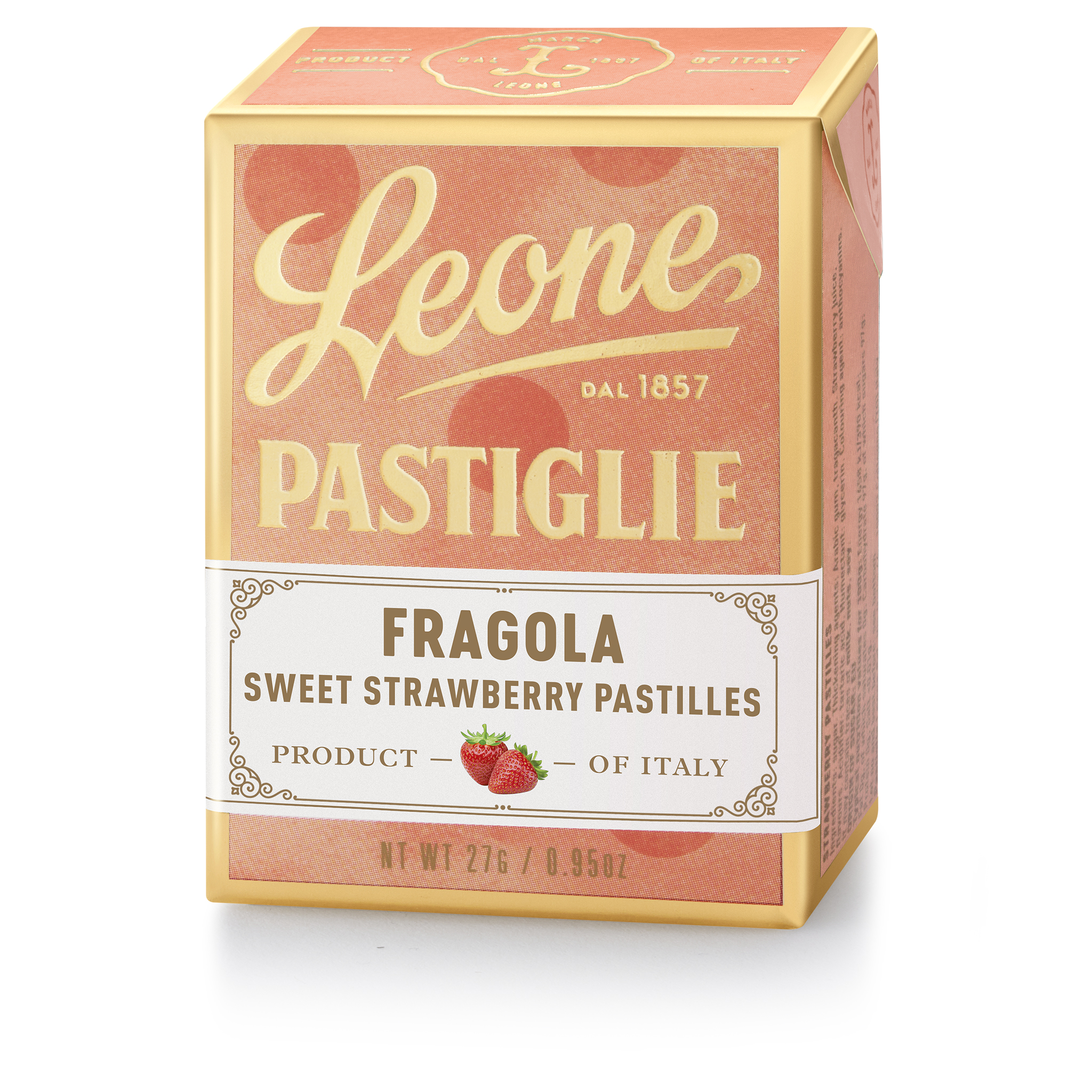 Leone Pastiglie Fragola, süsse Erdbeer-Pastillen in gold-rosa Schachtel, 27g, aus Italien