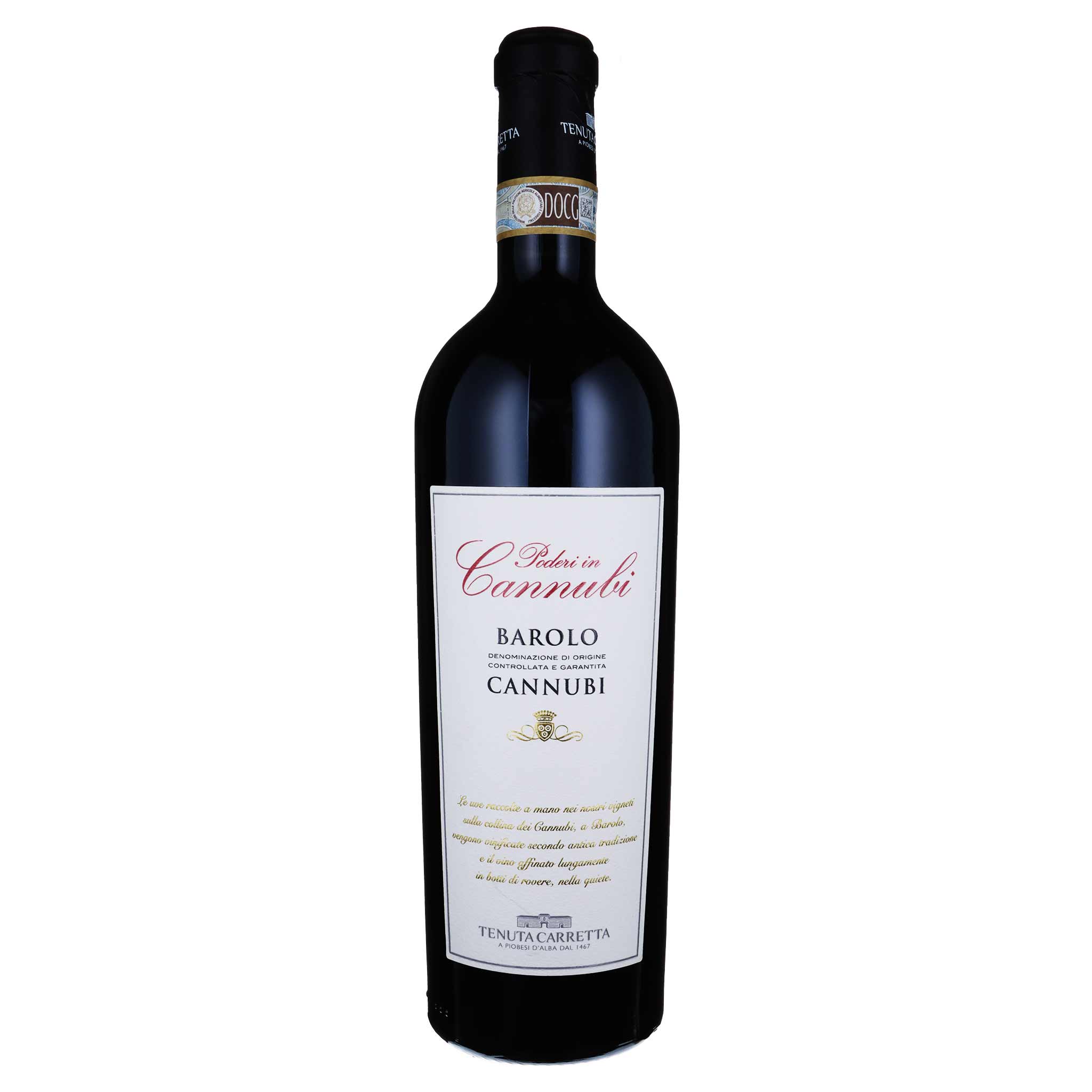 Dunkle Rotweinflasche Tenuta Carretta Poderi in Cannubi Barolo mit weissem Etikett und DOCG-Banderole.