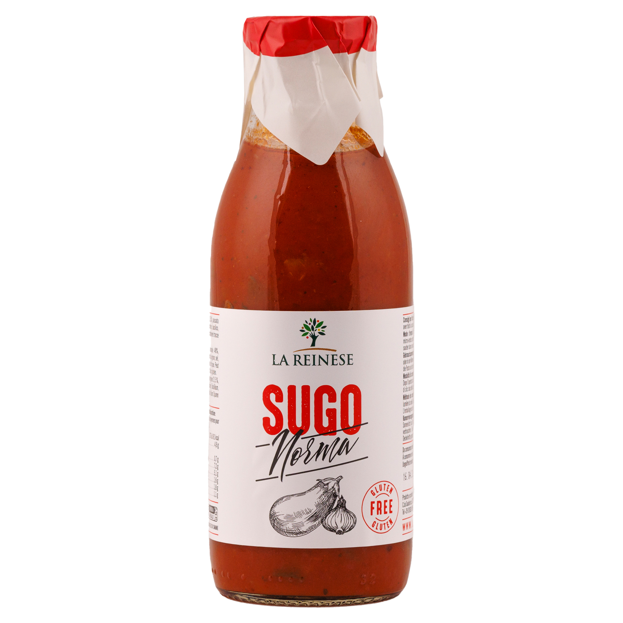 LA REINESE Sugo Norma in Glasflasche mit Auberginen- und Knoblauchzeichnung, glutenfrei, weisser Hintergrund.