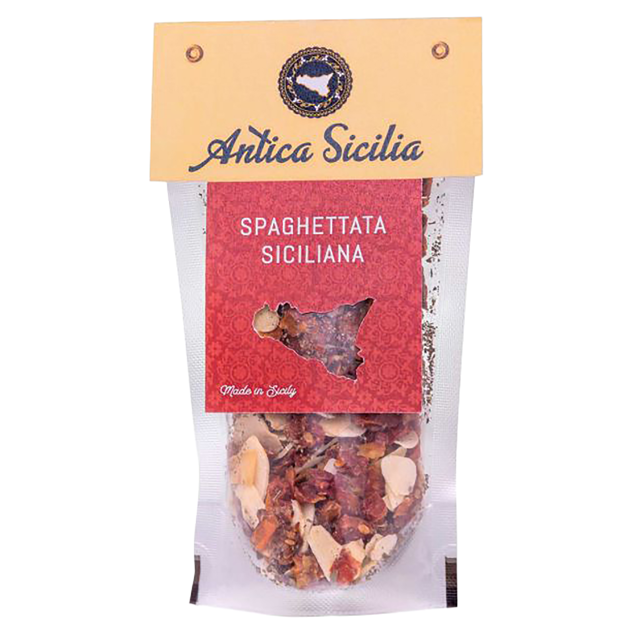 Antica Sicilia Spaghettata Siciliana Gewürzmischung mit getrockneten Tomaten und Mandeln in transparenter Verpackung.