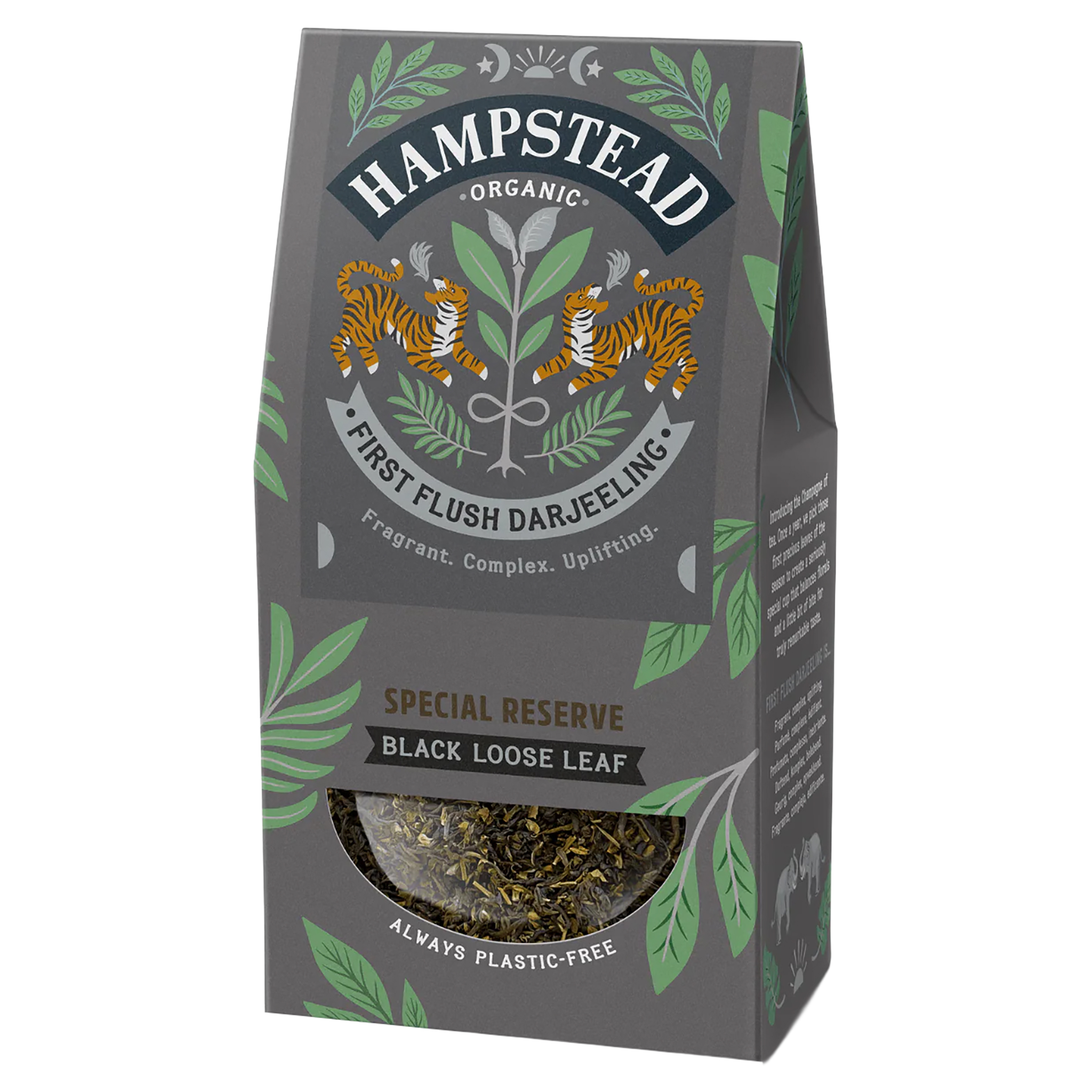 Hampstead Organic First Flush Darjeeling Schwarztee in grauer Verpackung mit Sichtfenster und Tigermotiv