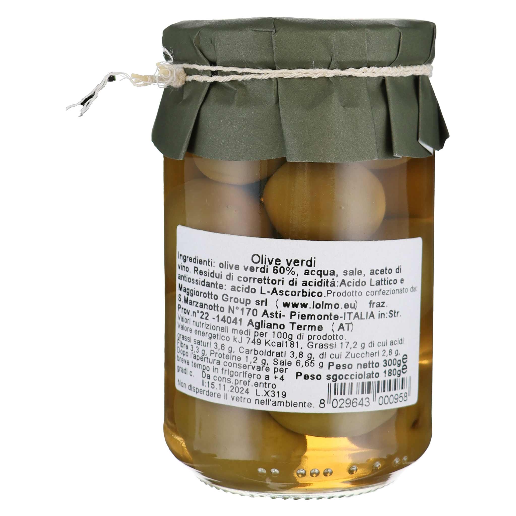 Glas mit grünen Oliven, dunkelgrünem Deckelpapier und Schnur. Weisses Etikett mit italienischem Text, Nährwertangaben…