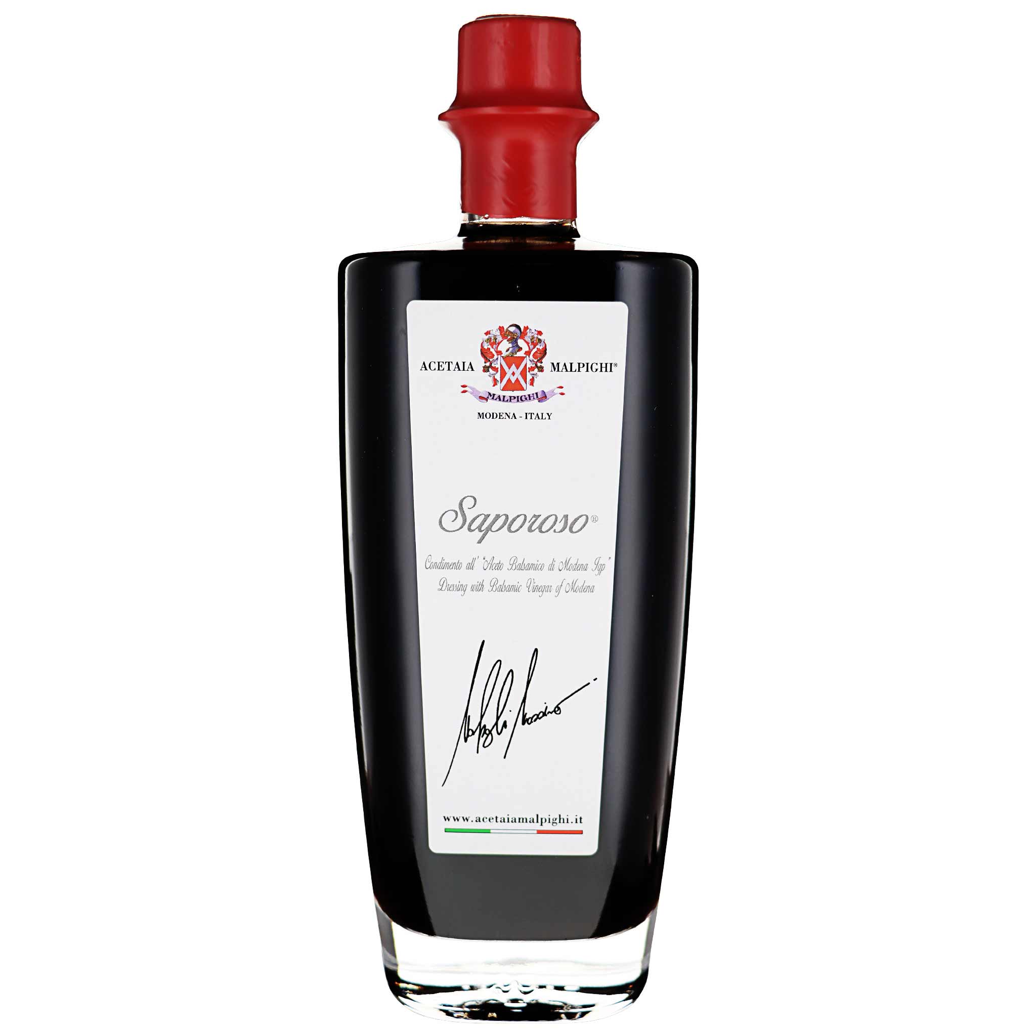 Acetaia Malpighi Saporoso (7 Jahre) Balsamico-Essig aus Emilia Romagna, Italien, in 500 ml Flasche mit Dosierer.