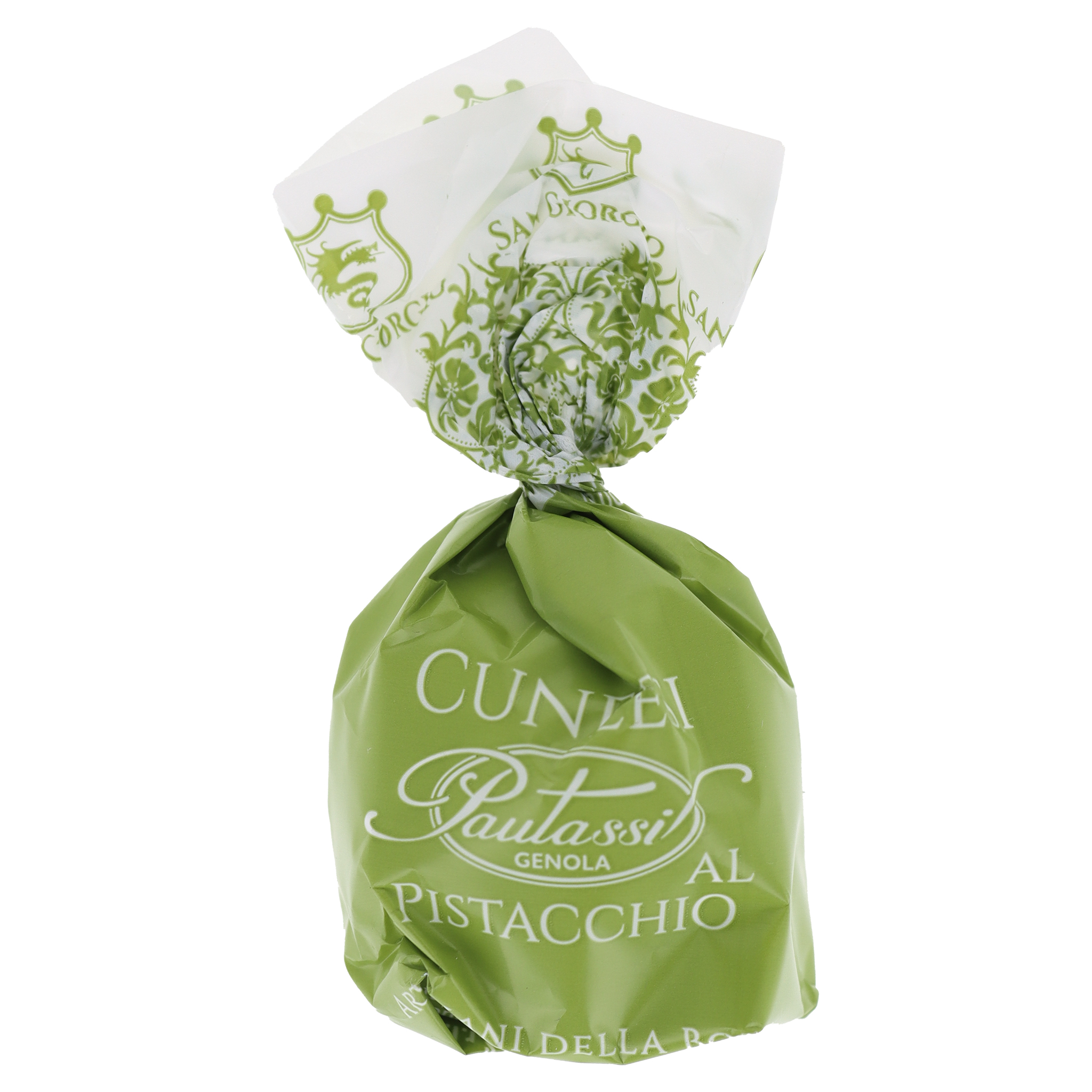 Einzeln verpacktes Paulassi Cuneese al Pistacchio. Grüne Folie mit weisser Schrift, oben weisses Papier mit grünen…