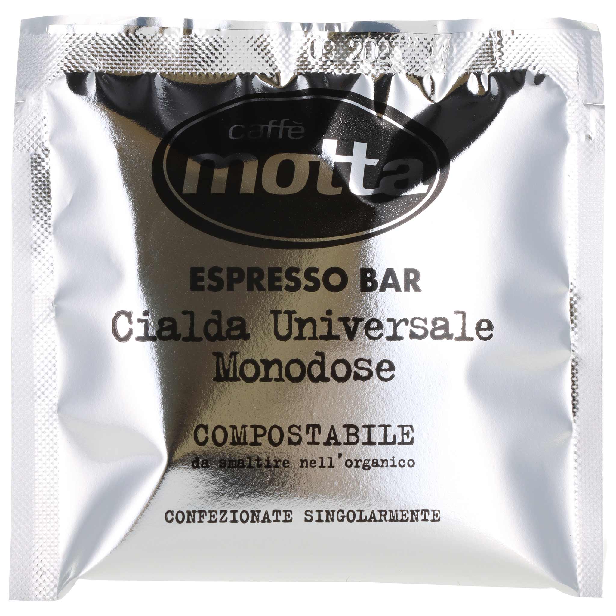 Silberne Einzelverpackung für Caffè Motta Espresso-Kaffeepod, kompostierbar, mit Haltbarkeitsdatum 09.2023.