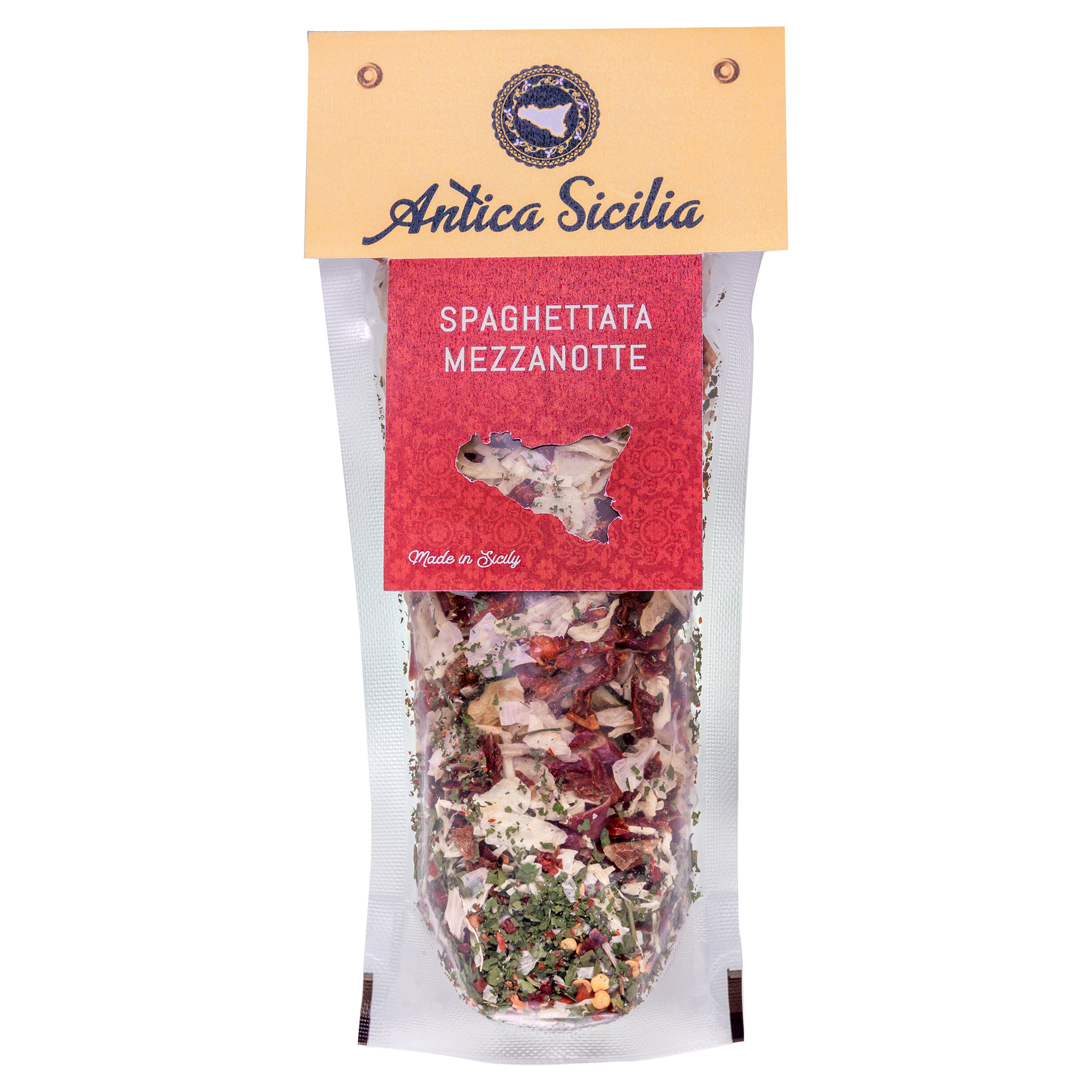 Antica Sicilia Spaghettata Mezzanotte Gewürzmischung in Klarsichtbeutel mit sizilianischem Logo und Zutaten.