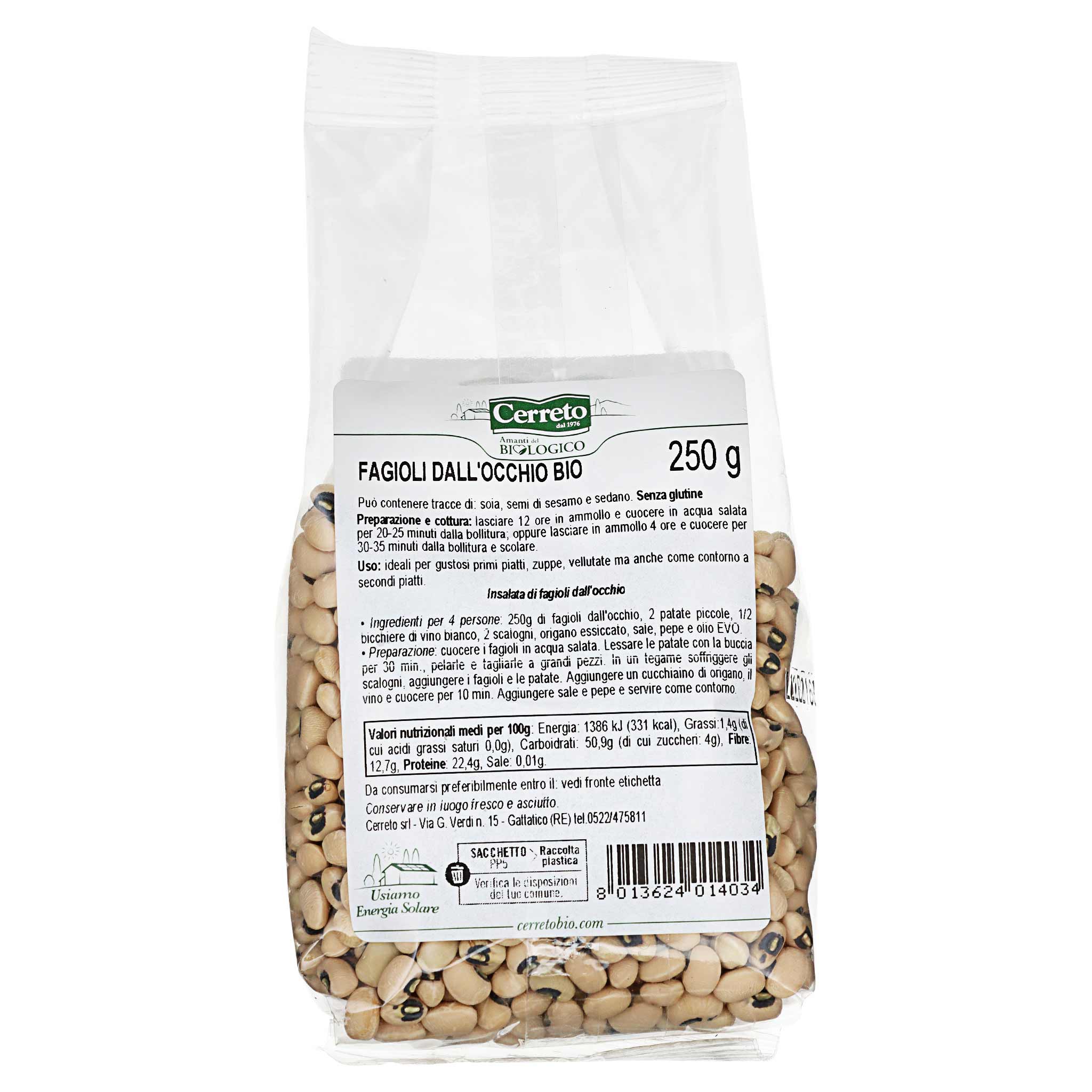Transparente Plastikverpackung mit Cerreto Fagioli dall'occhio Bio (schwarzäugige Bohnen), 250g, mit Etikett.