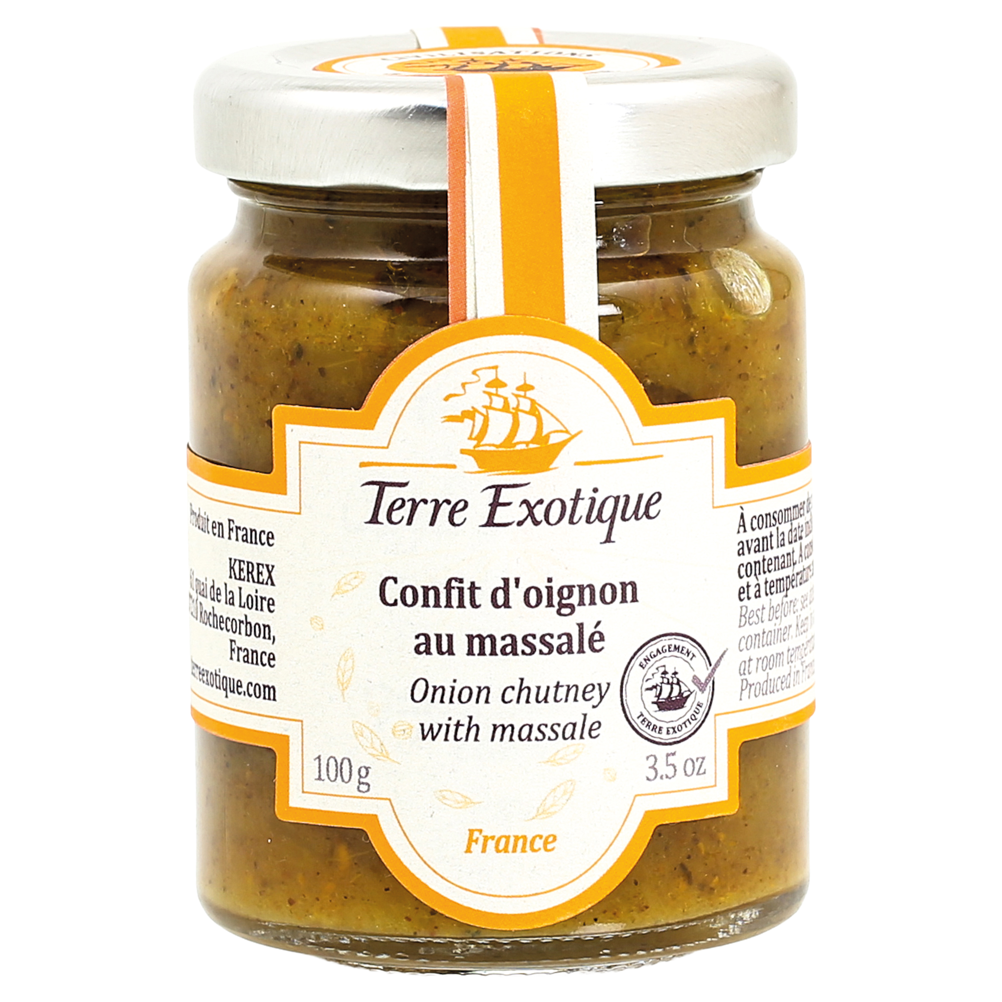 Glas mit Terre Exotique Zwiebel-Chutney mit Massale, 100 g, aus Frankreich, weiss-oranges Etikett mit Segelschiff-Logo.