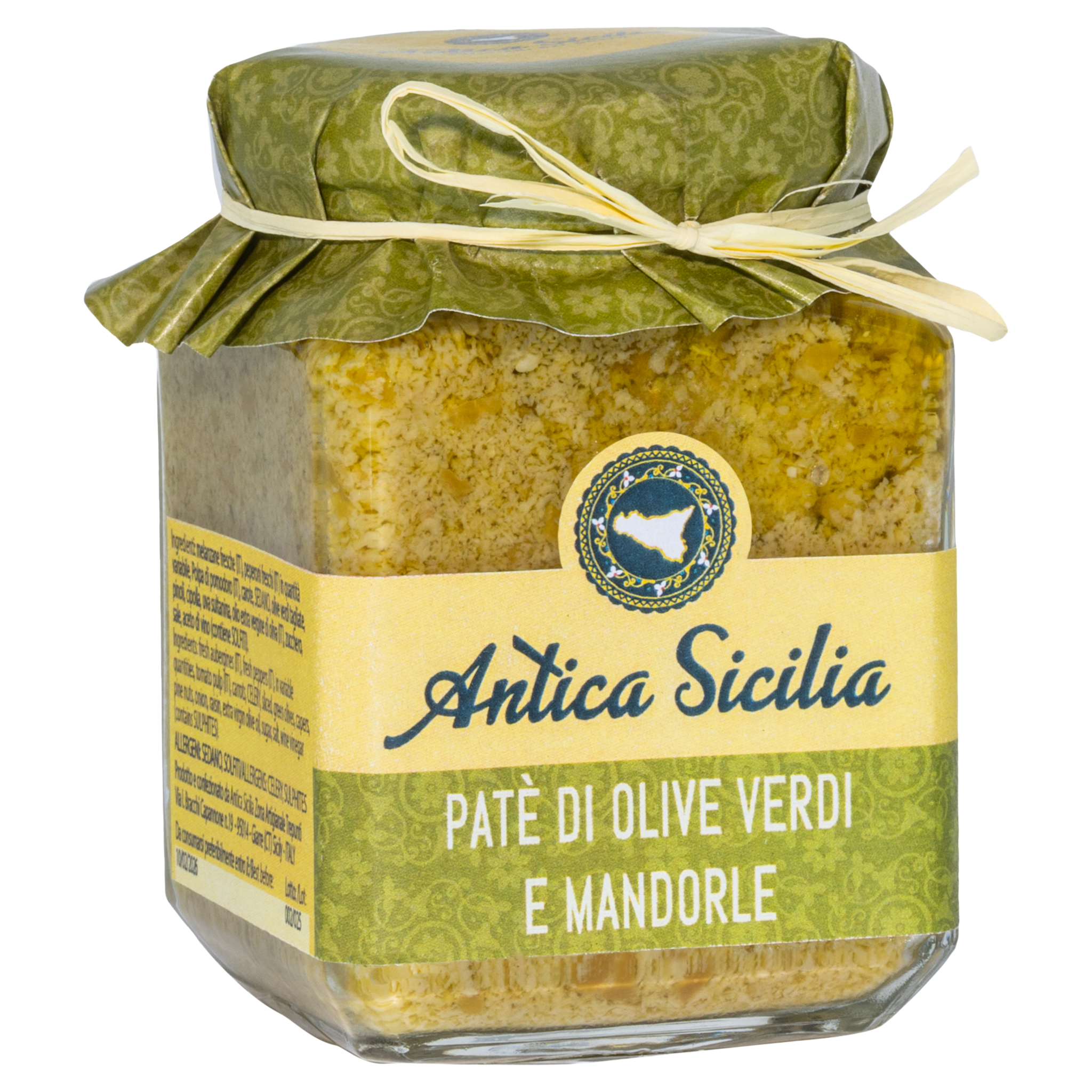 Antica Sicilia Patè di Olive Verdi e Mandorle im Glasgefäss. Grüner Deckel mit Bastband, gelb-grünes Etikett mit…