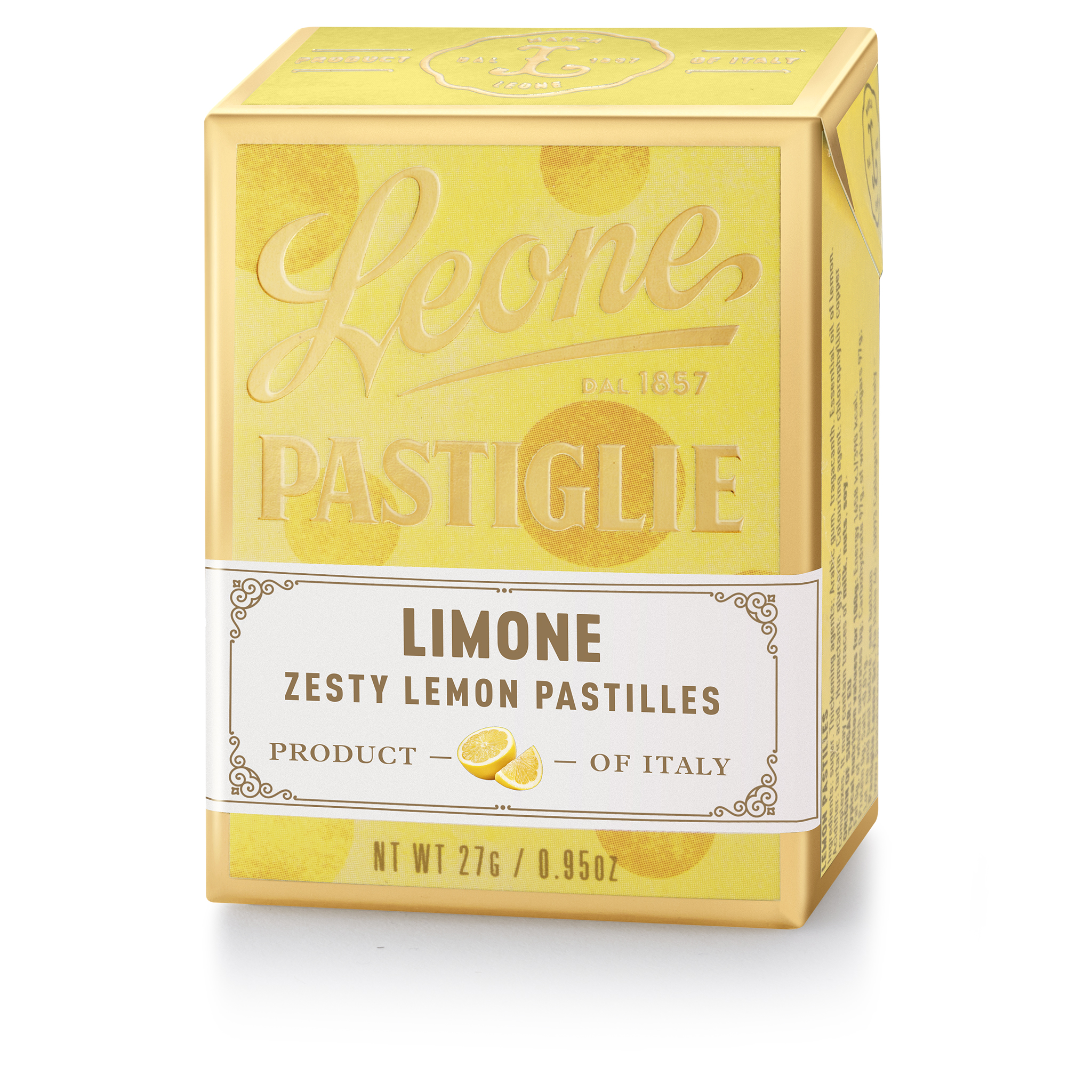 Gelbe Schachtel Leone Pastiglie Limone, zesty lemon pastilles, 27g, Produkt aus Italien, auf weissem Hintergrund.