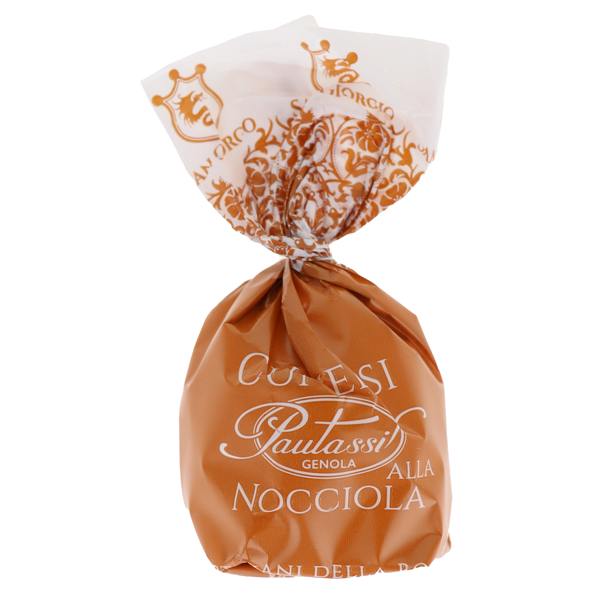 Einzeln verpacktes Paulassi Confiserie-Produkt, braun-weisse Verpackung mit Aufschrift 'Paulassi Genola alla Nocciola'.
