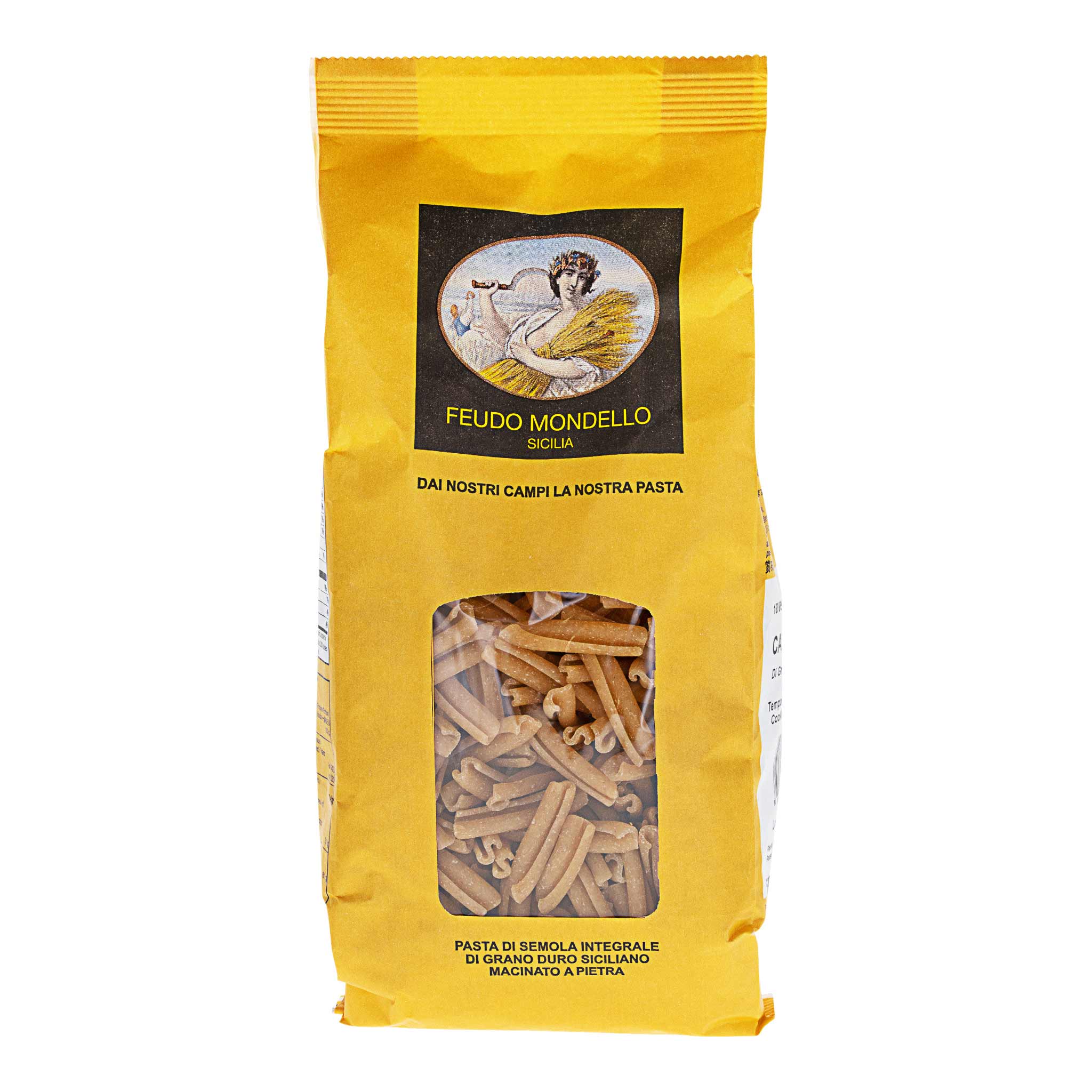 Produktbild von Consorzio Feudo Mondello Caserecce integrali di grano duro siciliano, 500g Packung.