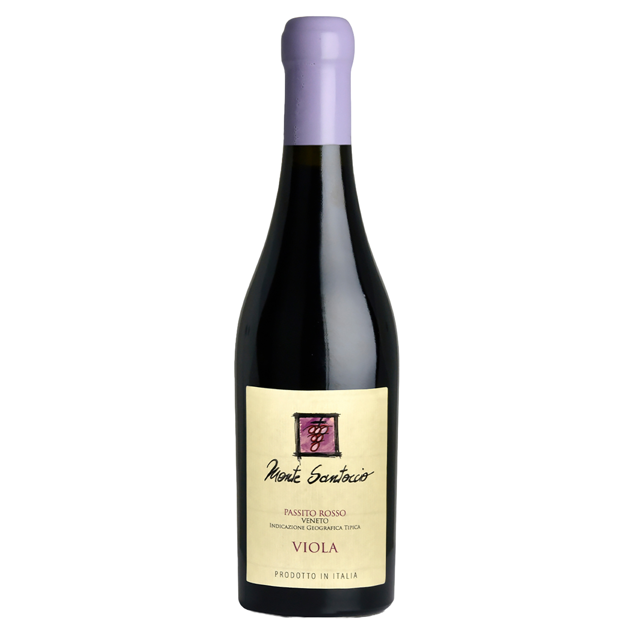 Dunkle Weinflasche Monte Santoccio Passito Rosso Viola aus dem Veneto mit hellvioletter Kapsel und beigem Etikett.