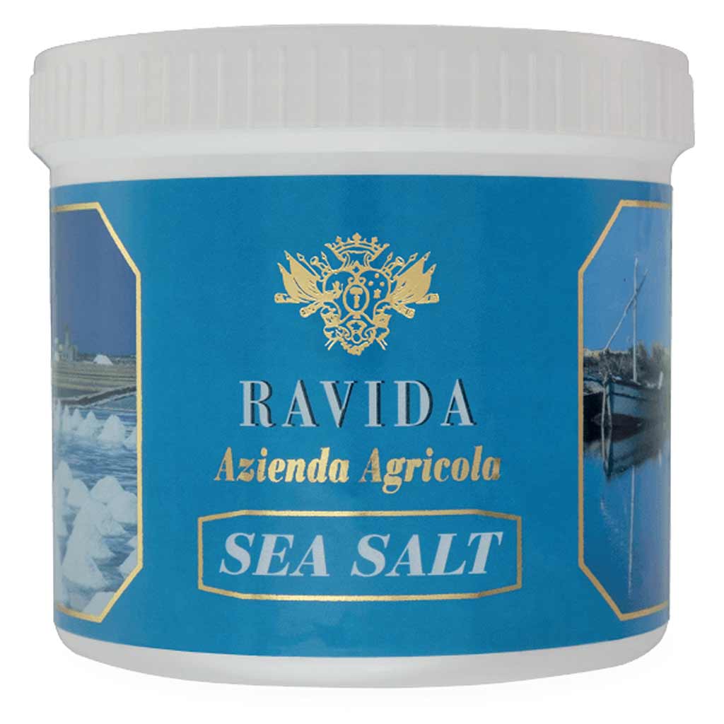 RAVIDA, unraffiniertes, natuerliches Meersalz aus Sizilien in einer 500g Packung.